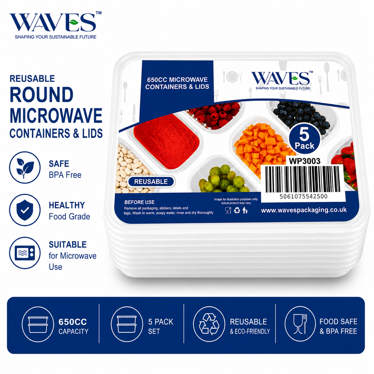 650CC MICROWAVE CONTAINERS & LIDS 5 PACK