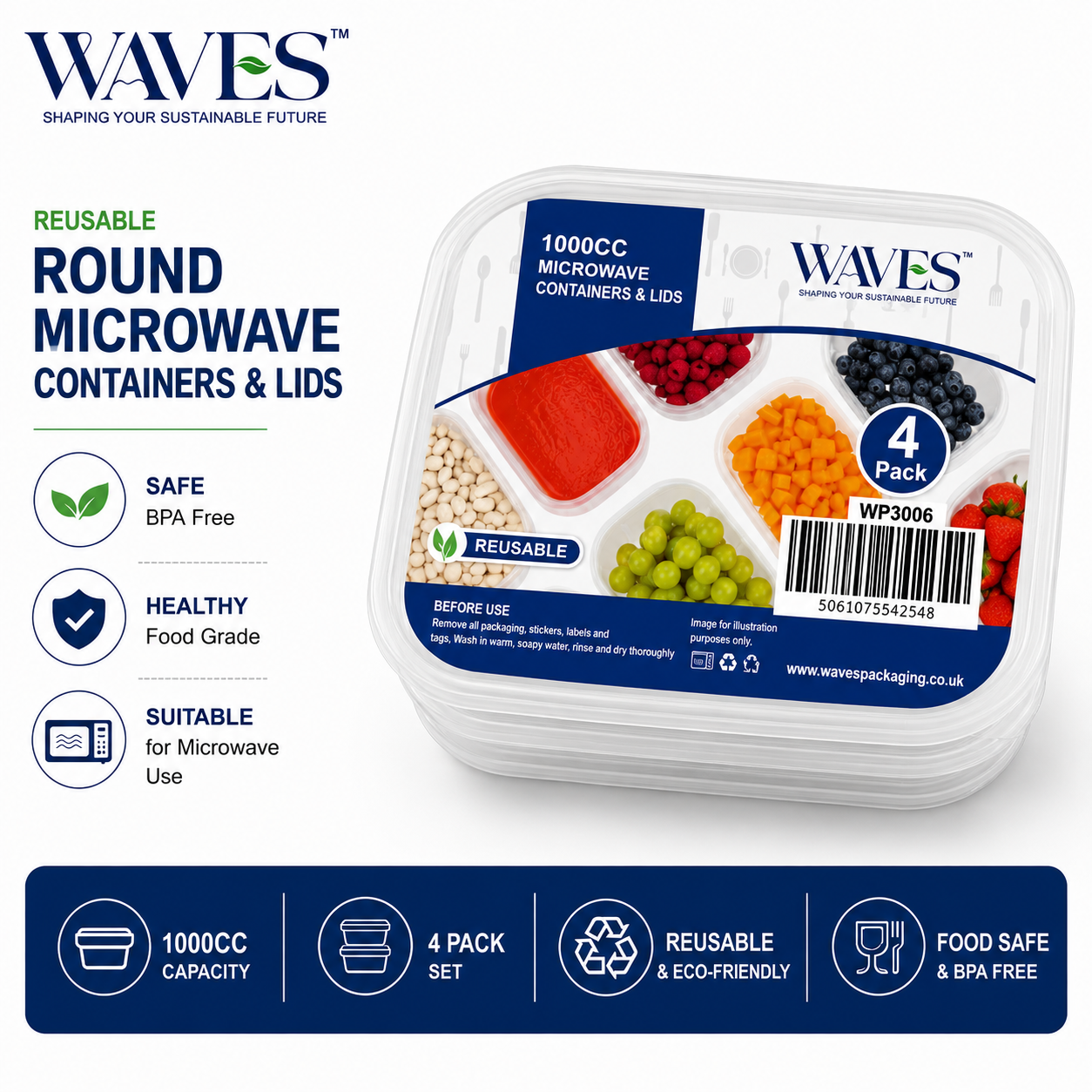 1000CC MICROWAVE CONTAINERS & LIDS 4 PACK