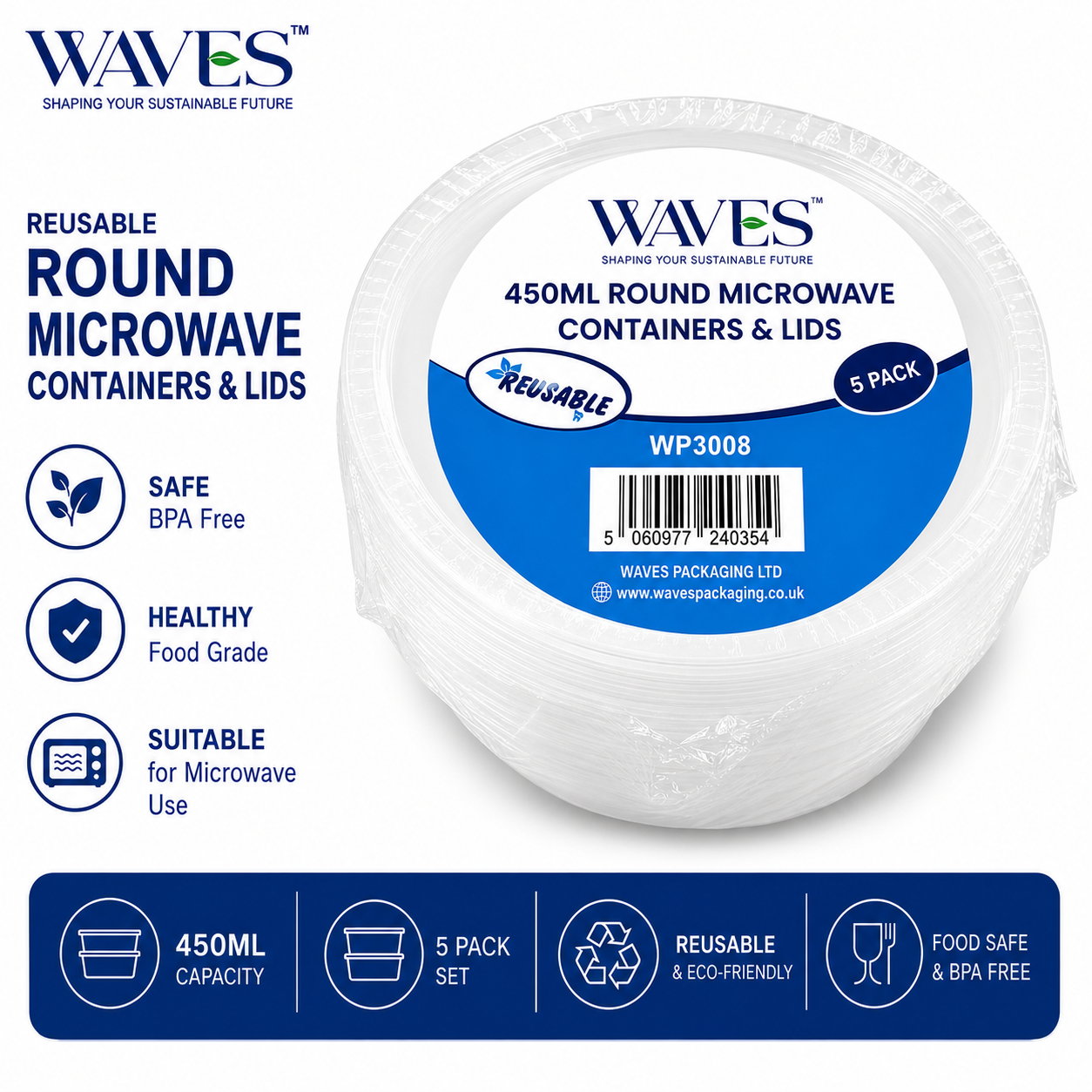 450ML ROUND MICROWAVE CONTAINERS & LIDS 5 PACK