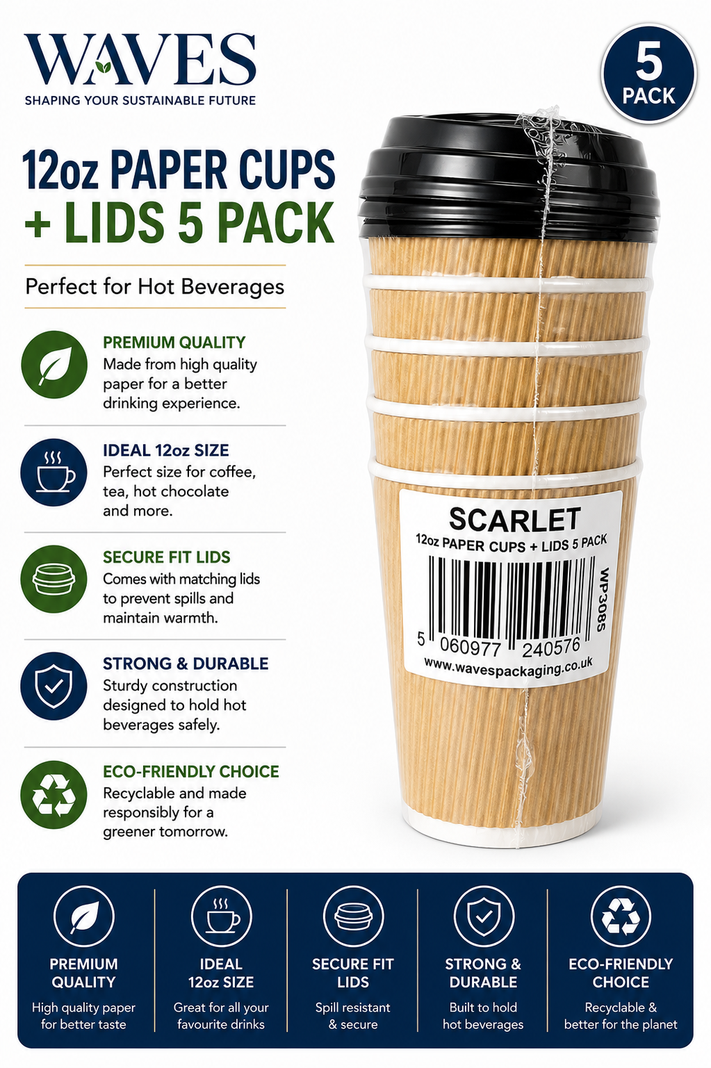 12oz COFFEE CUPS + LIDS 5 PACK
