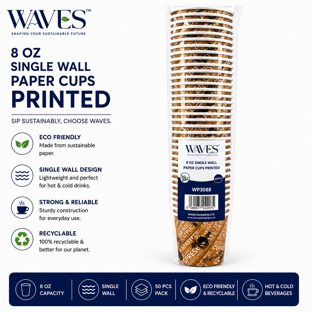 8OZ SINGLE WALL (PRINTED) COFFEE CUPS 50 PACK X 20