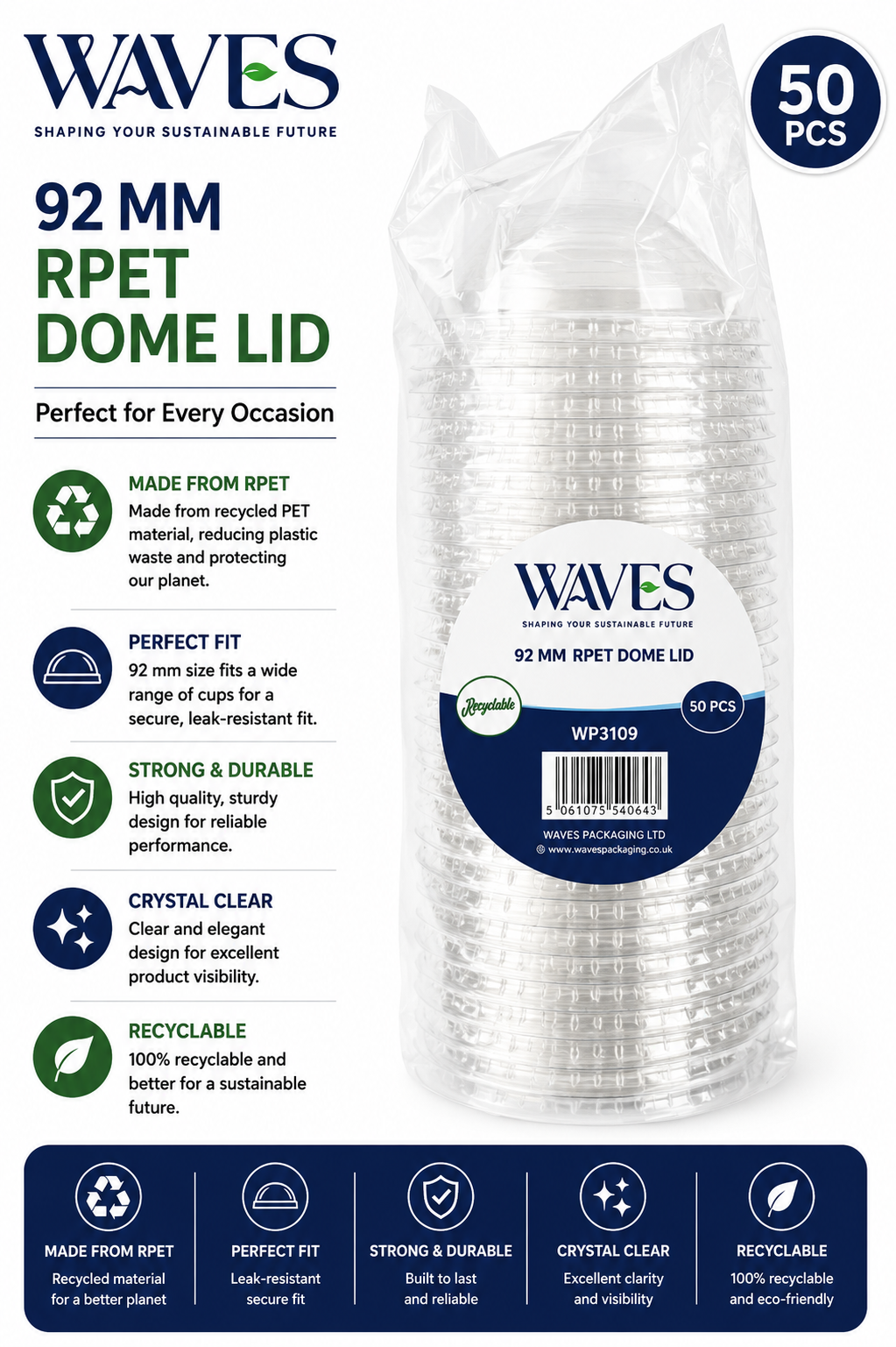 92MM - 12/16oz DOME LIDS 50 PACK