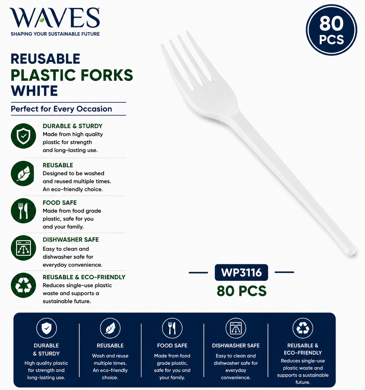 REUSABLE PLASTIC FORKS WHITE 80 PCS