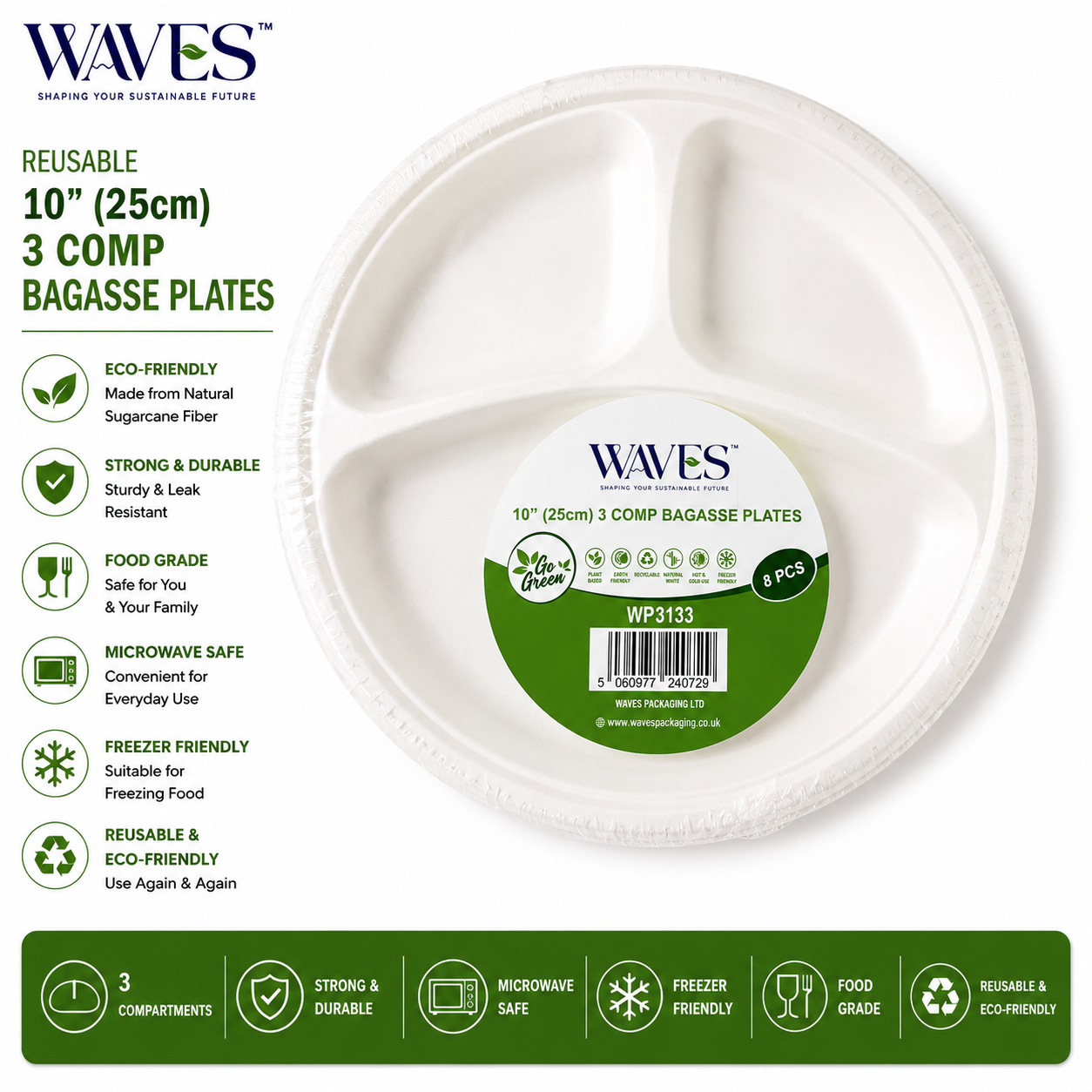 10” 3 COMP BAGASSE PLATES 8 PACK