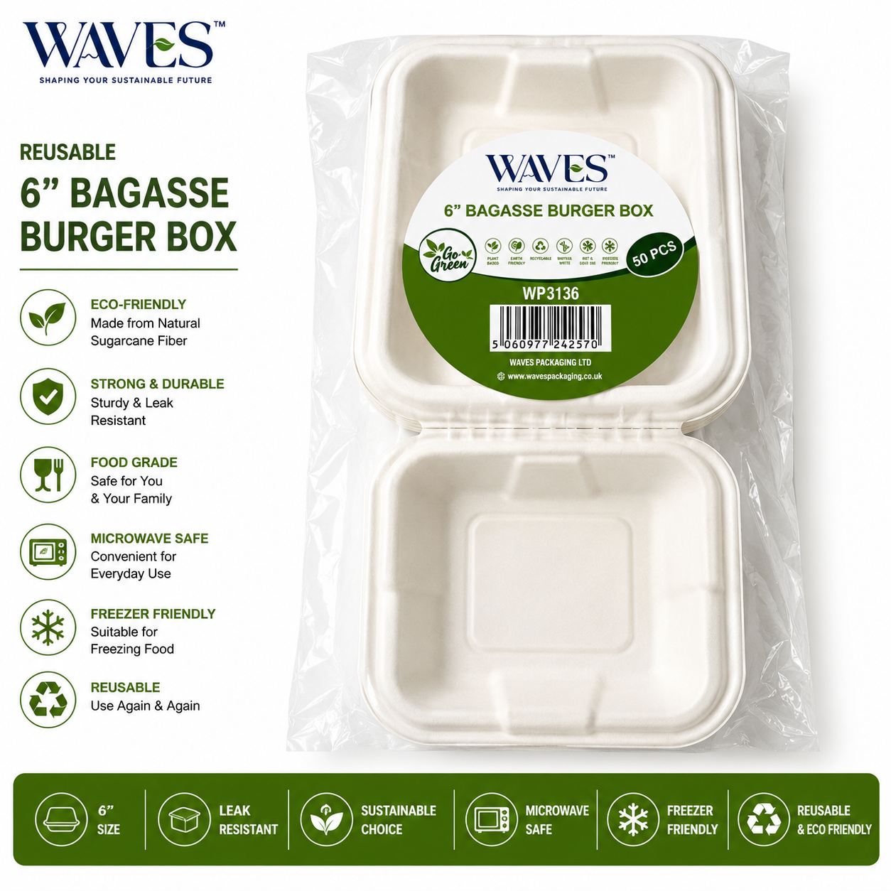 Bagasse Burger Box (152x152x78mm/6") White (HP6) 50 PACK