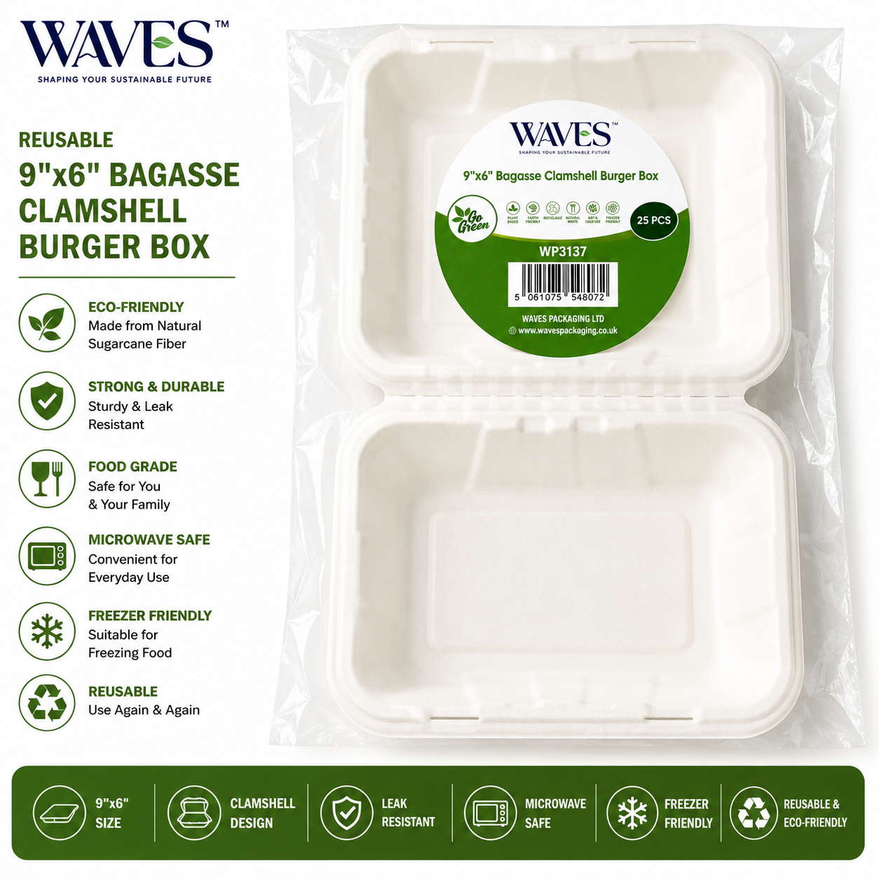 Bagasse Lunch Box (232x155x78mm/9x6") White 50 PACK