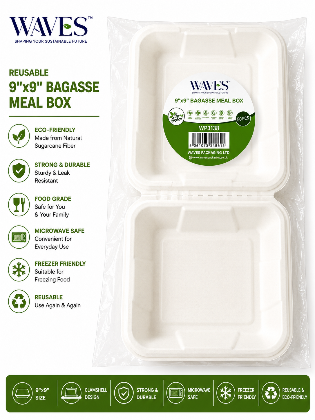 Bagasse Meal Box (230x230x50mm/9x9'') White 50 PACK