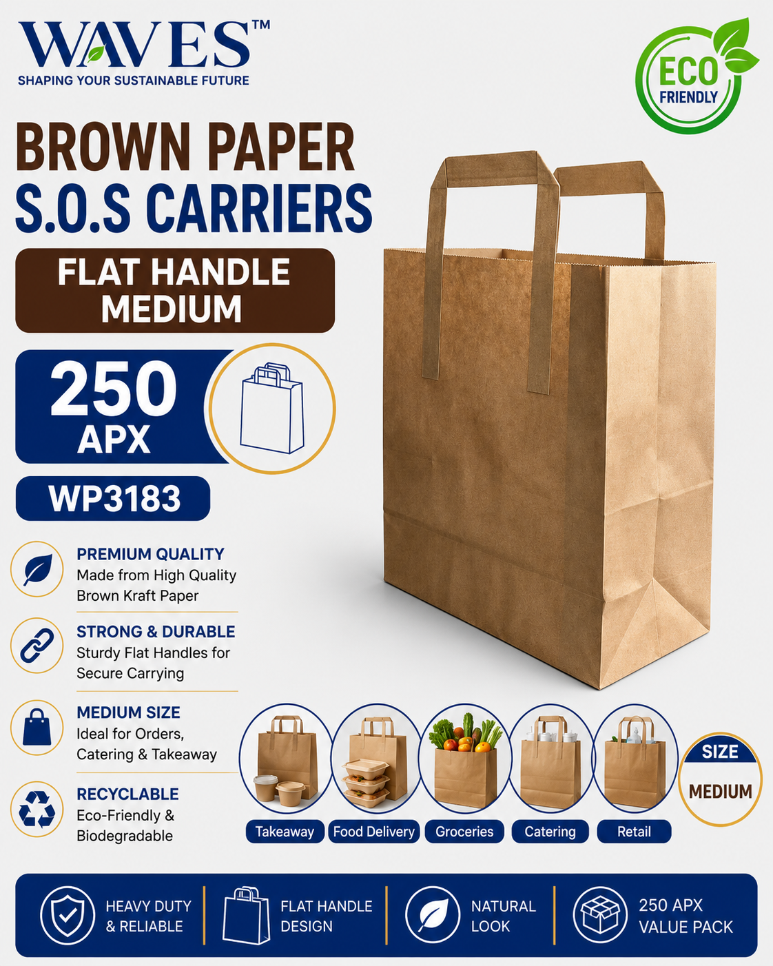 BROWN PAPER S.O.S CARRIERS - FLAT HANDLE MEDIUM 250 APX