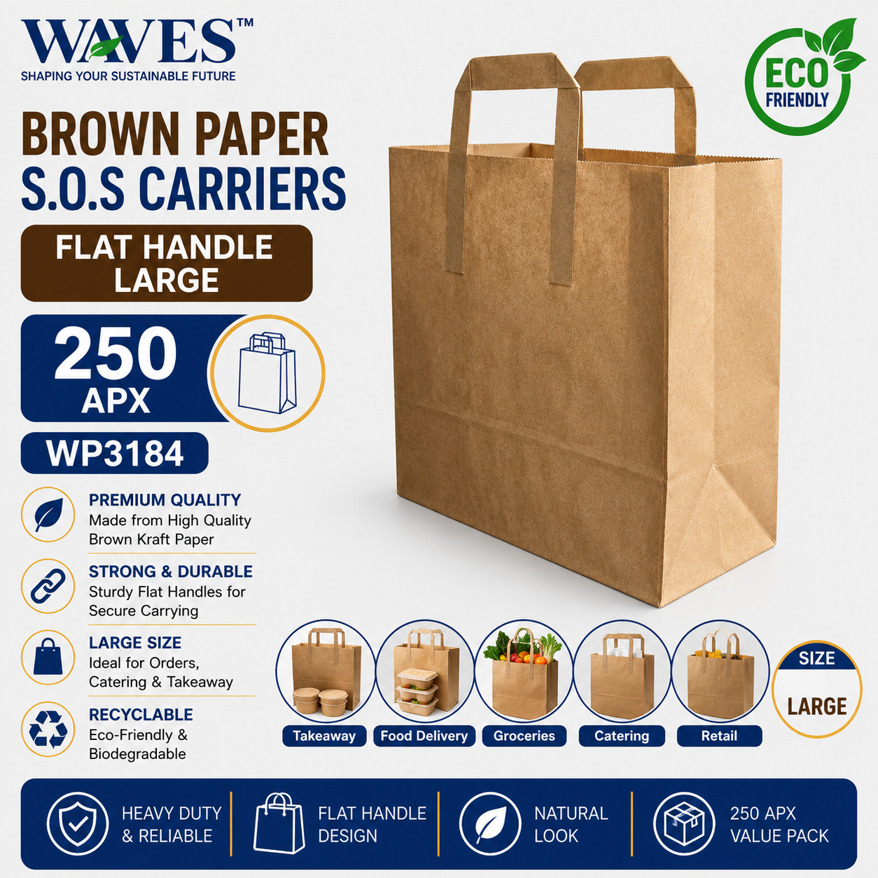 BROWN PAPER S.O.S CARRIERS - FLAT HANDLE LARGE 250 APX