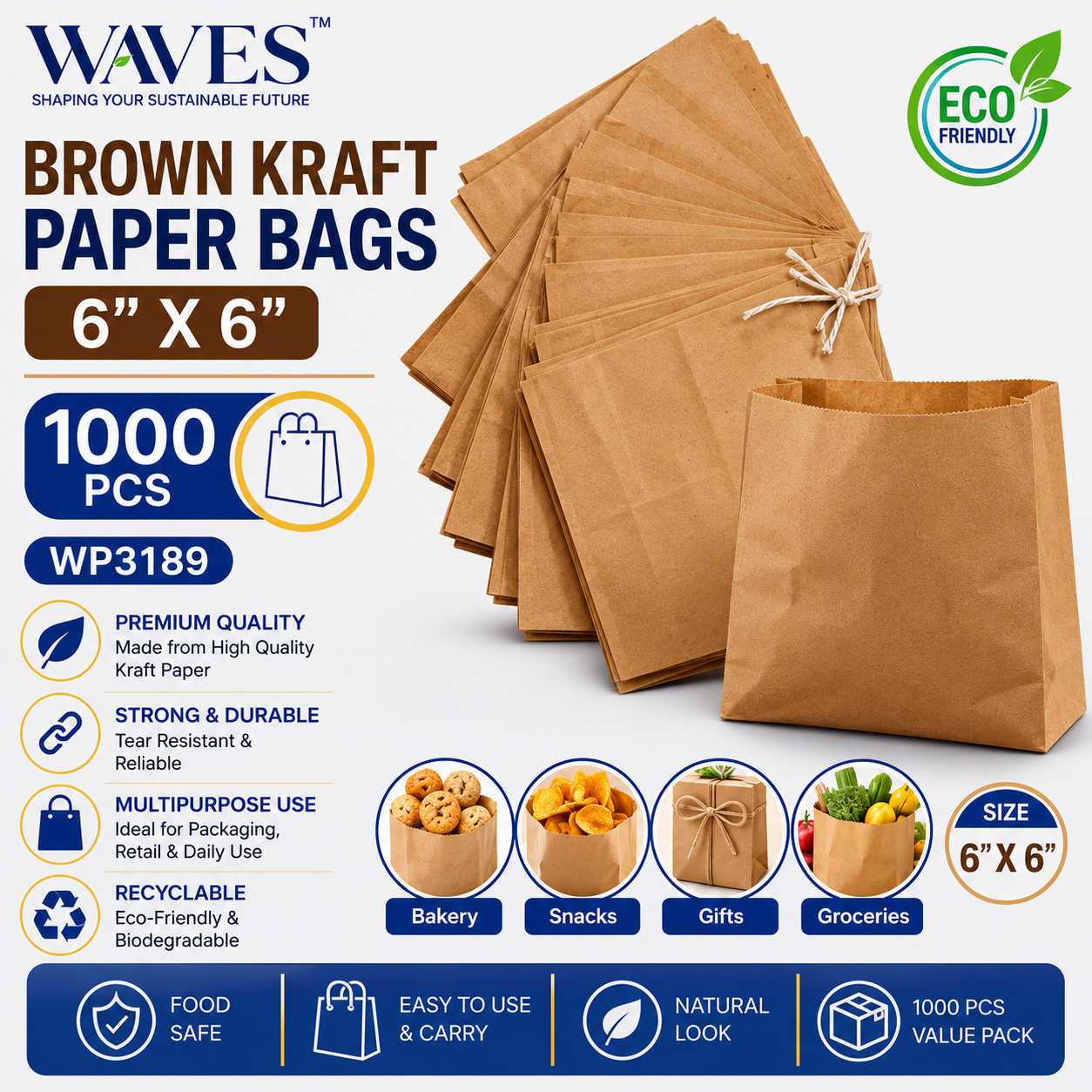 BROWN KRAFT PAPER BAGS 6" X 6" 1000 PCS