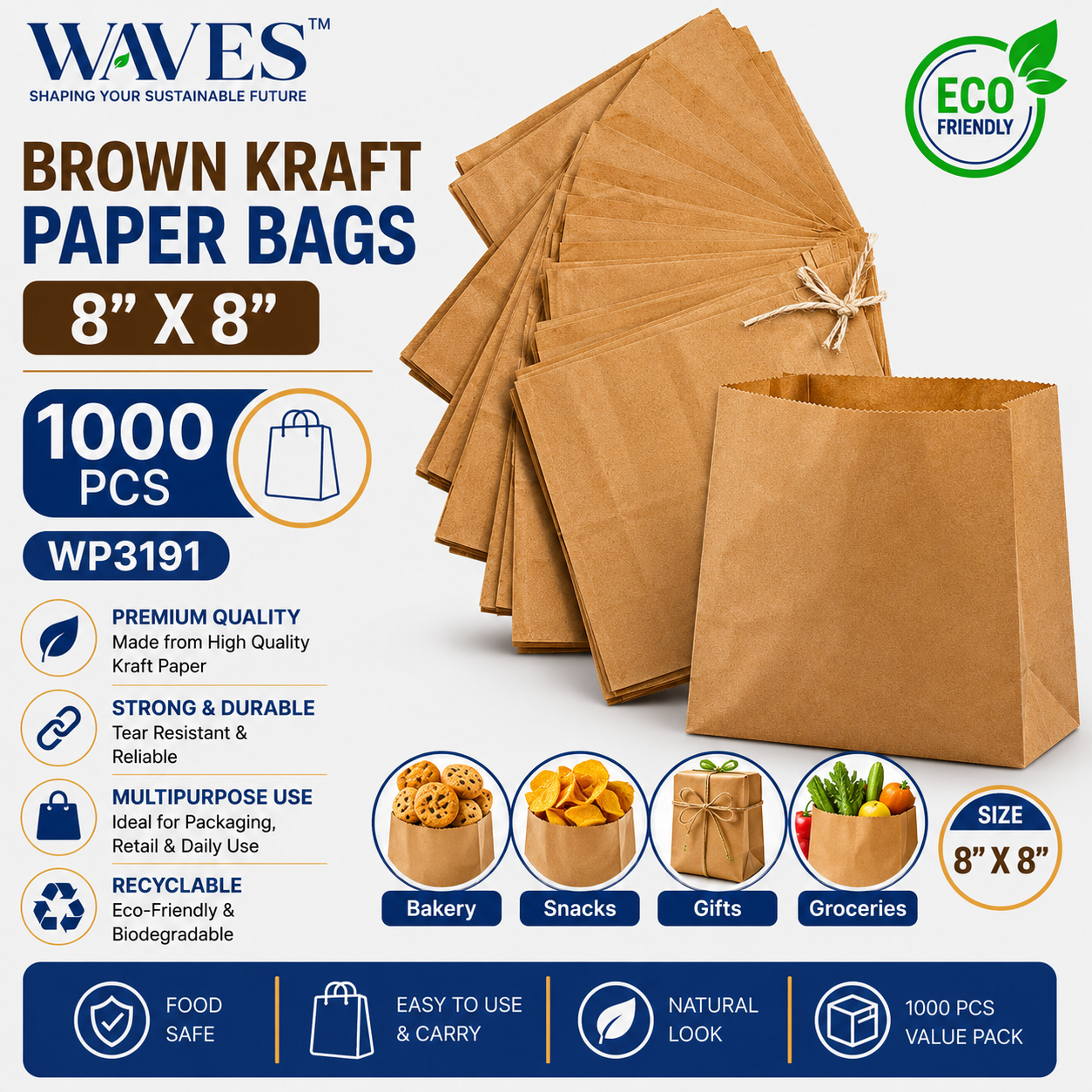 BROWN KRAFT PAPER BAGS 8" X 8" 1000 PCS