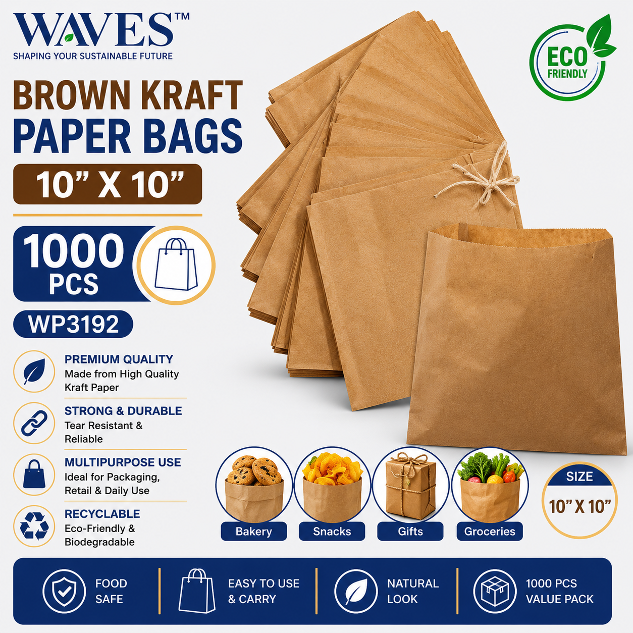 BROWN KRAFT PAPER BAGS 10" X 10" 1000 PCS