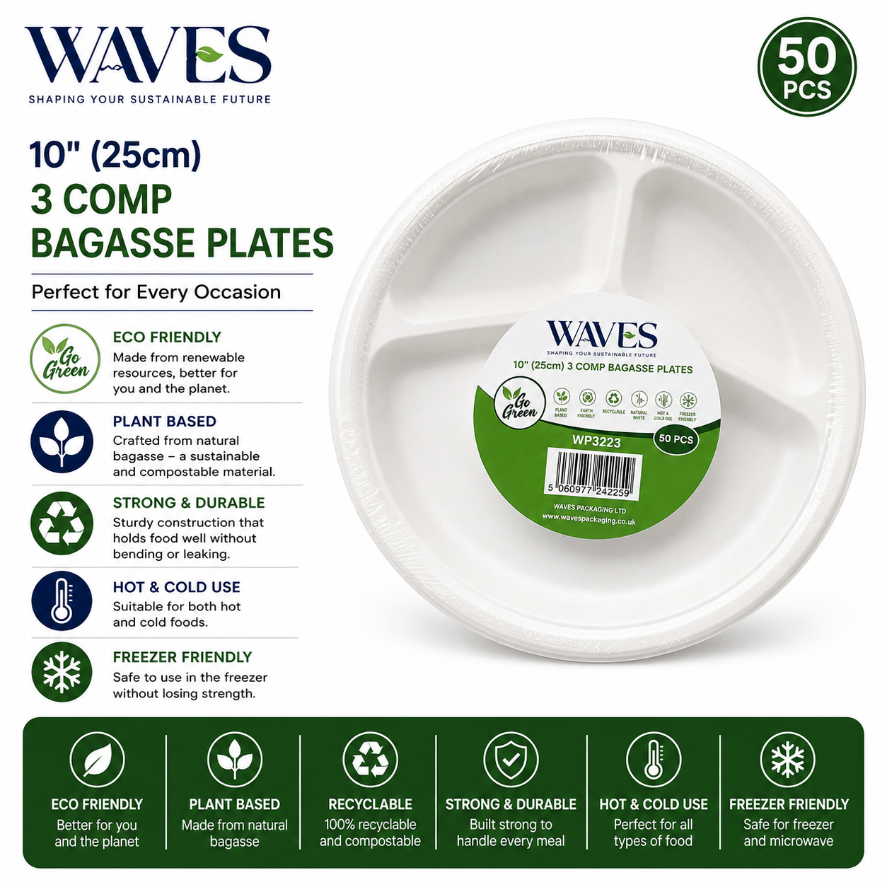 10" 3 COMP BAGASSE PLATES 50 PACK