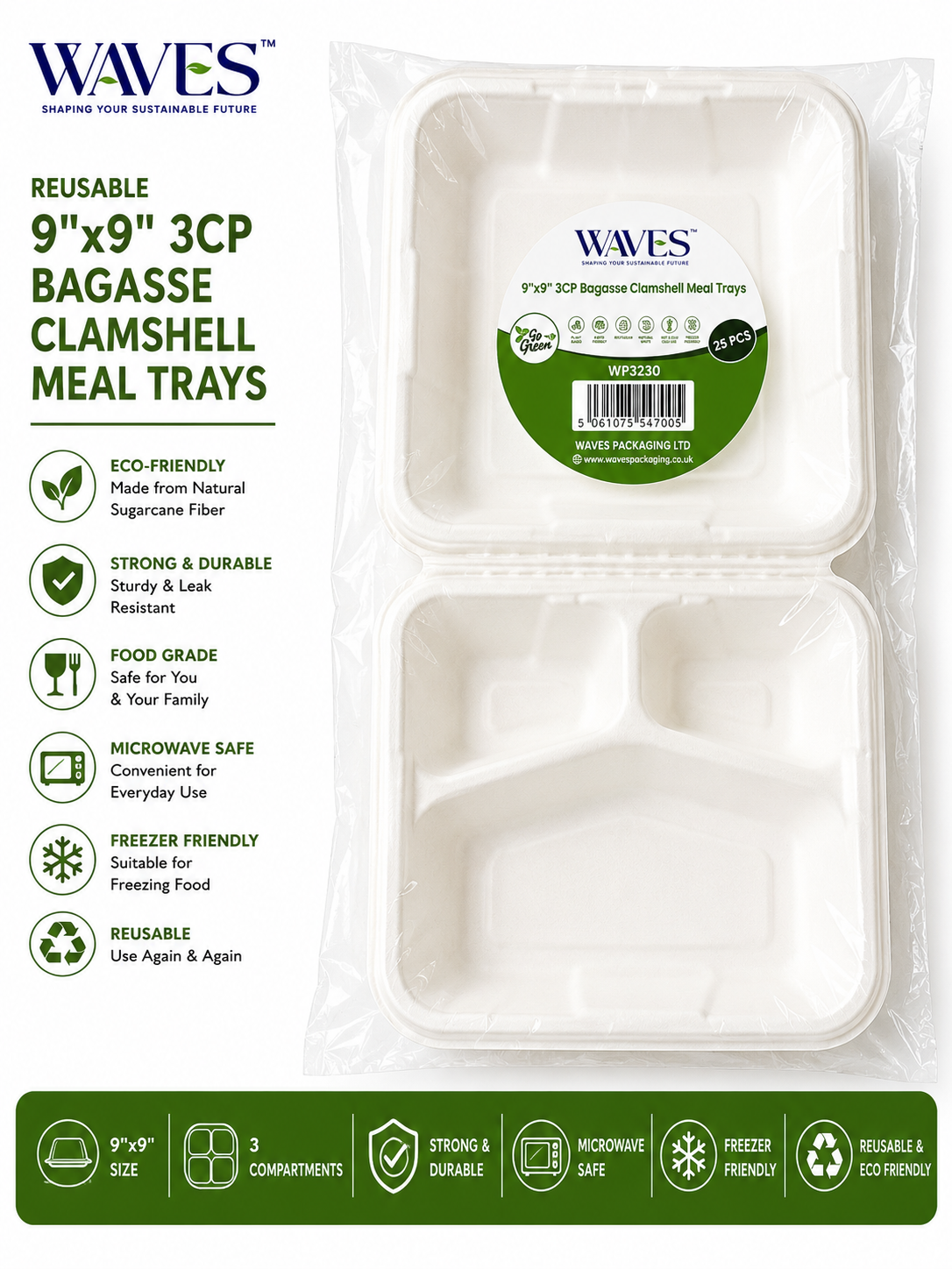 Bagasse Meal Box 3 Comp (230x230x50mm/9x9'') White 50 PACK