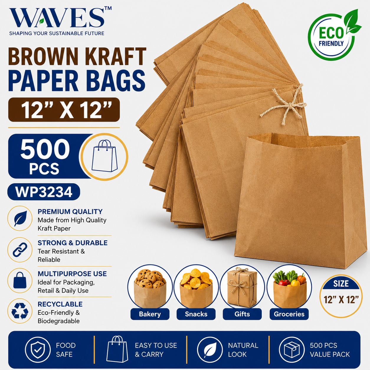 BROWN KRAFT PAPER BAGS 12" X 12" 500 PCS