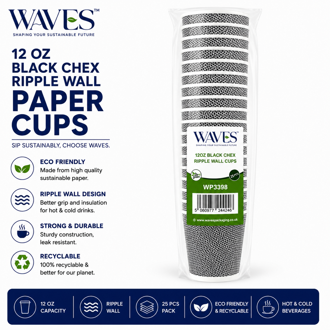12oz Black Chex Ripple Wall Cups 25pk x 20