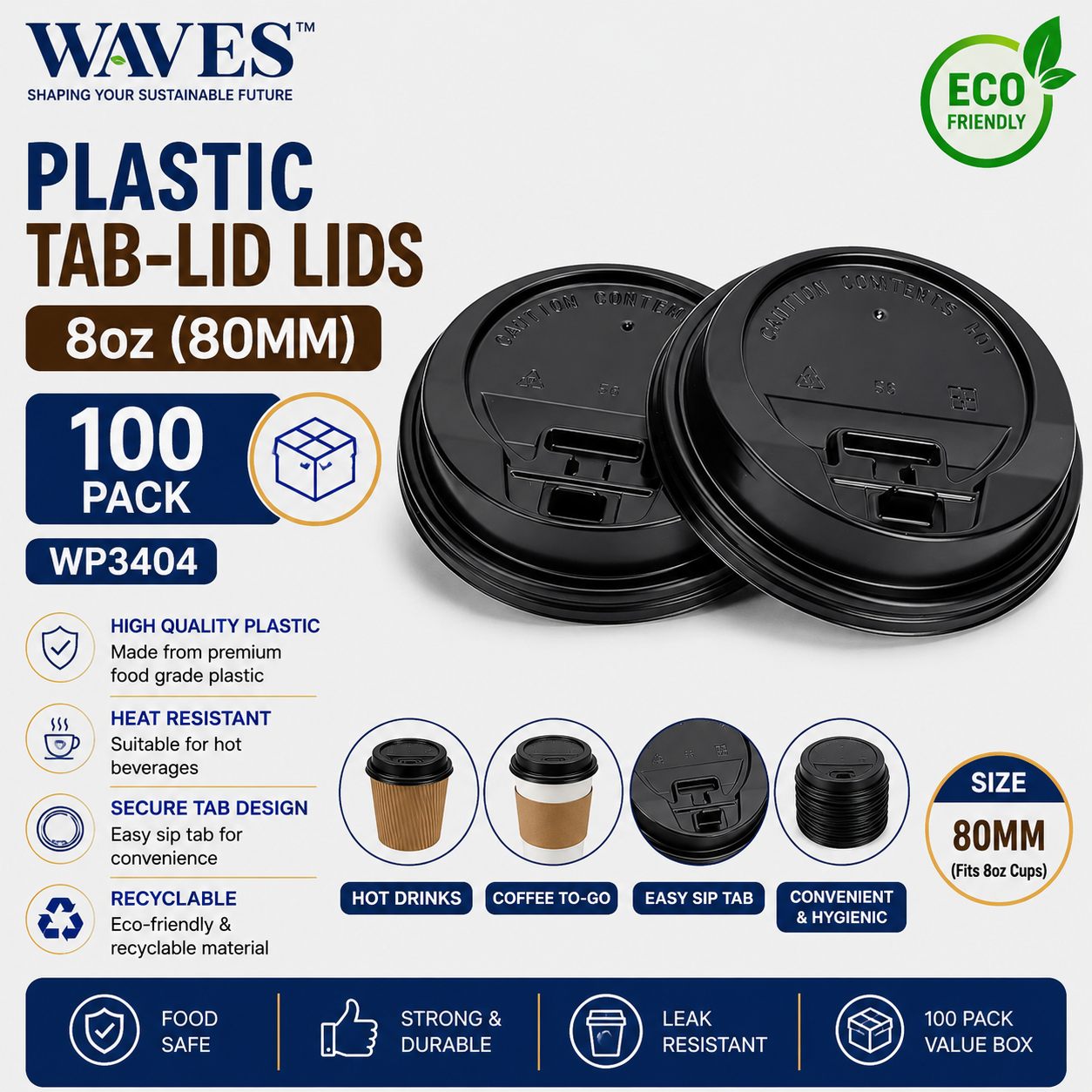 8oz (80mm) PLASTIC TAB-LID LIDS BLACK 100 PACK