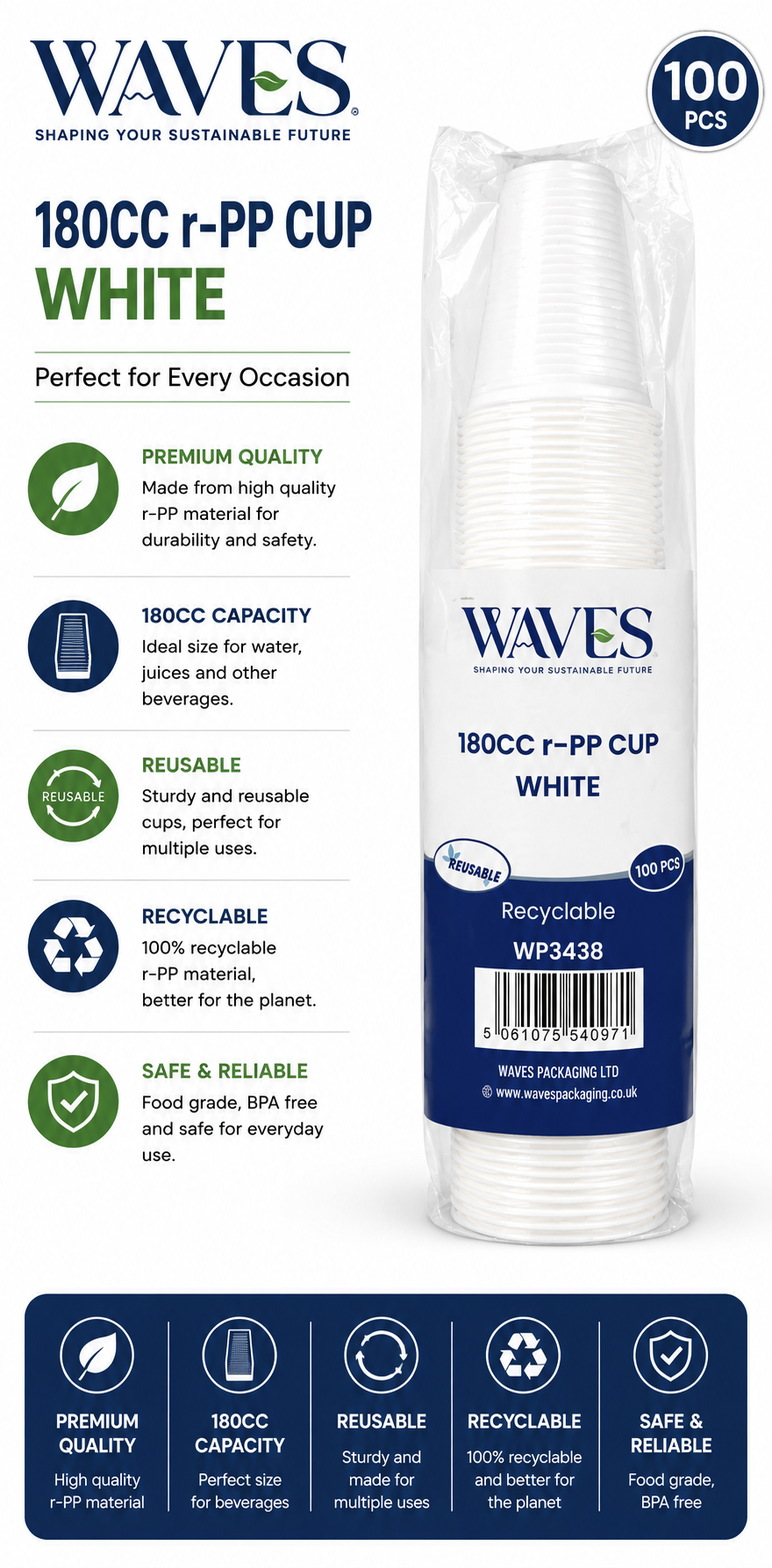 180CC PP CUP WHITE 100 PCS / PACK