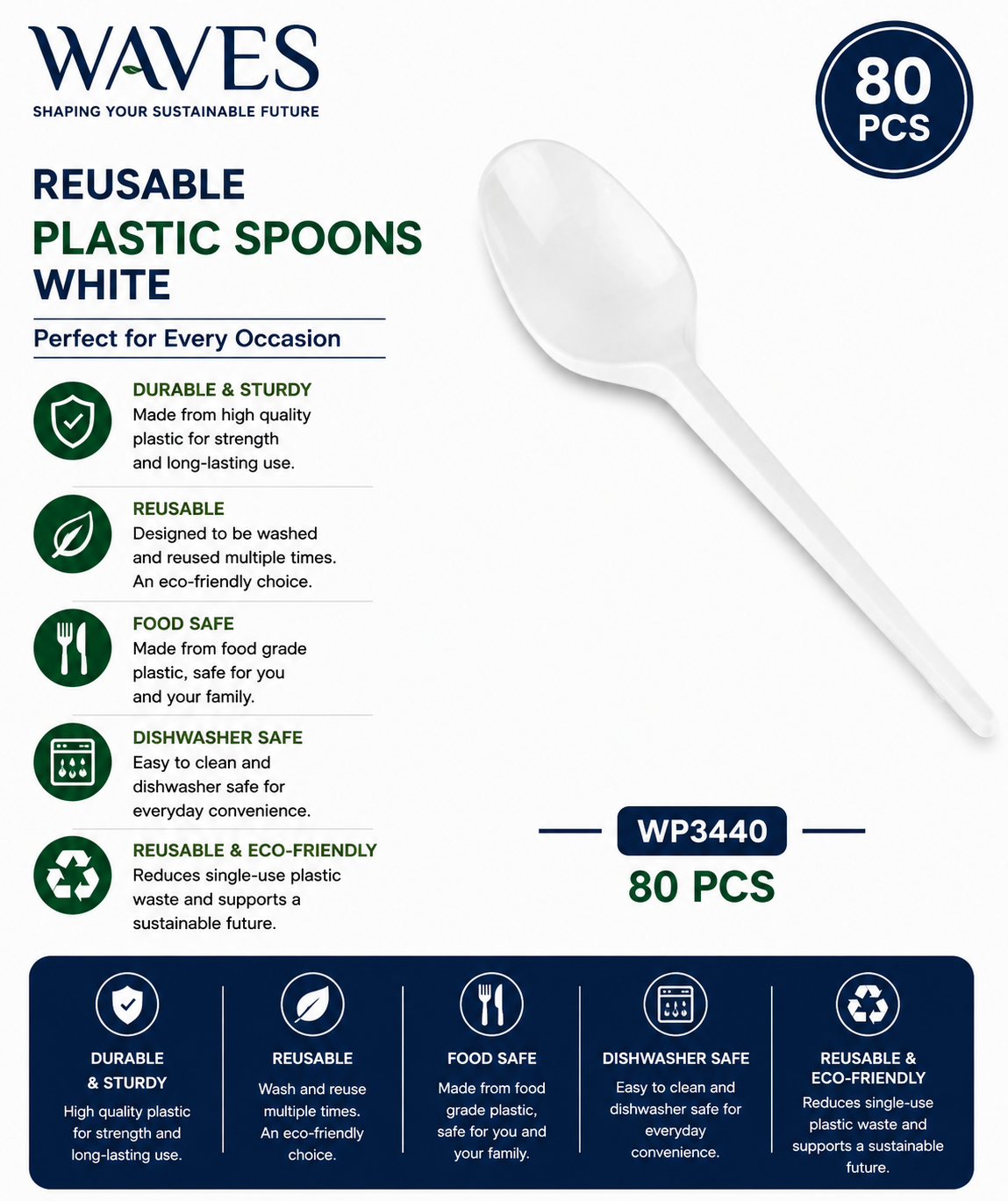 REUSABLE PLASTIC SPOONS WHITE 80 PCS
