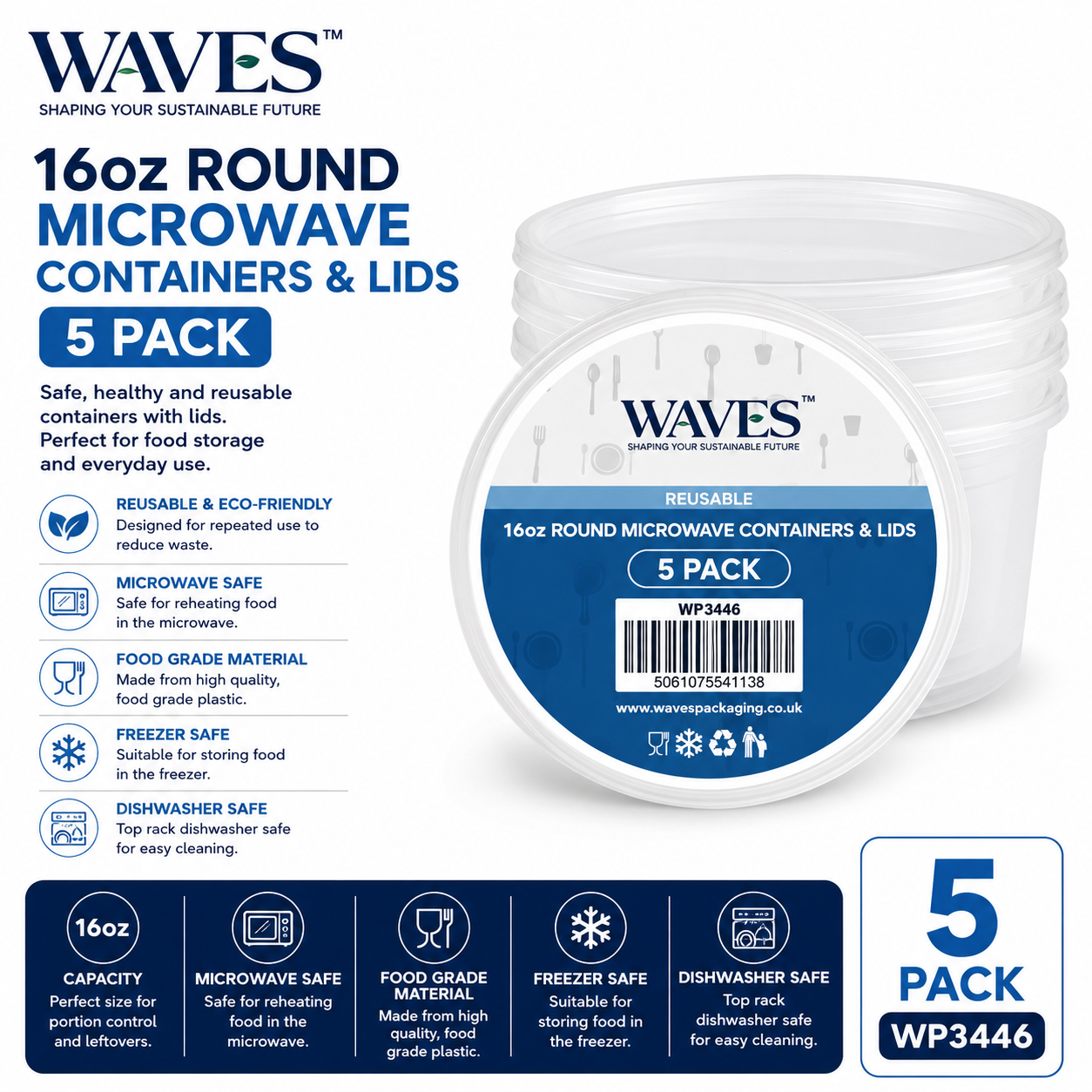 16oz ROUND MICROWAVE CONTAINERS & LIDS 5 PACK