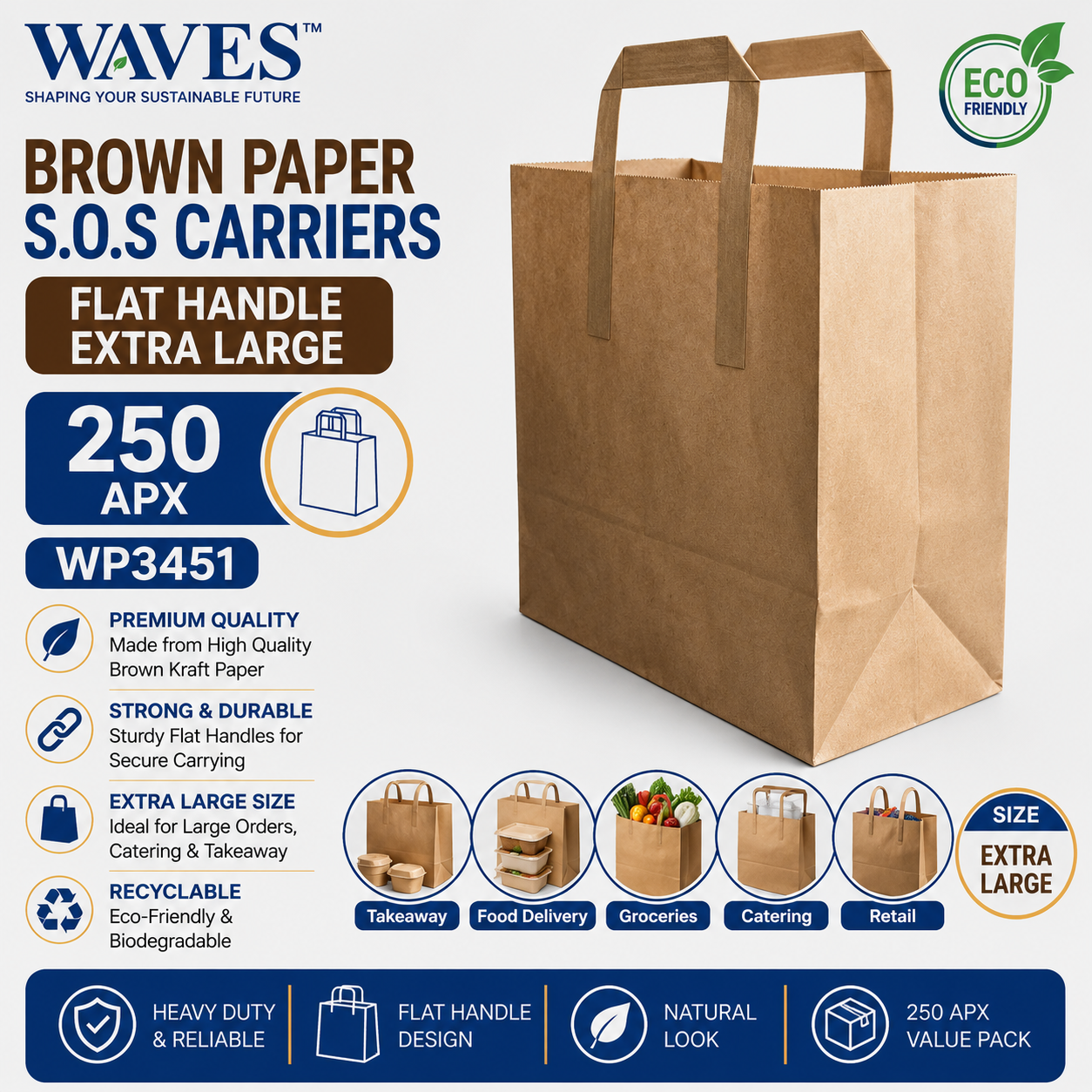 BROWN PAPER S.O.S CARRIERS - FLAT HANDLE EXTRA LARGE 250 APX