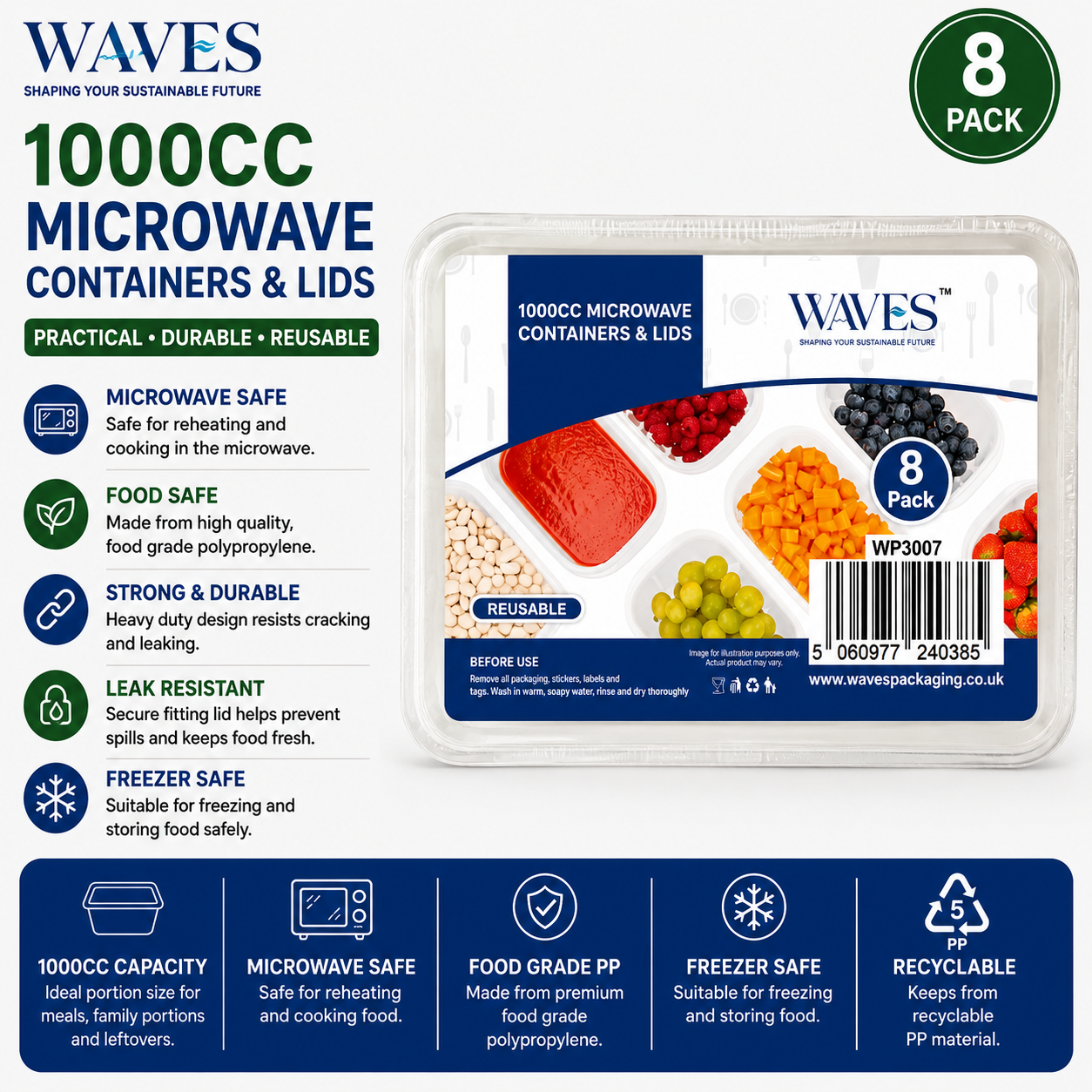 1000CC MICROWAVE CONTAINERS & LIDS 8 PACK