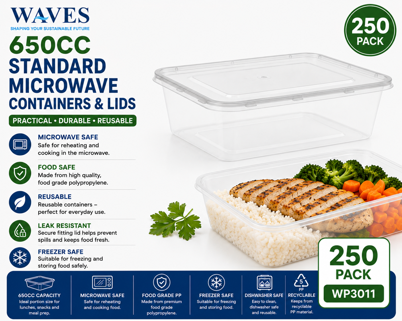 650CC STANDARD MICROWAVE CONTAINERS & LIDS 250 PACK