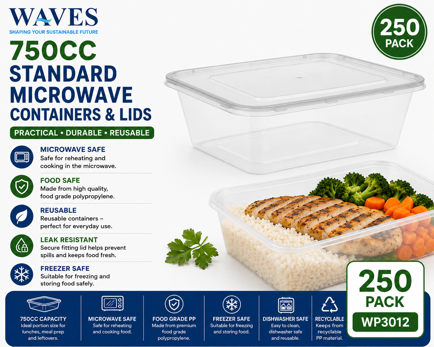 750CC STANDARD MICROWAVE CONTAINERS & LIDS 250 PACK