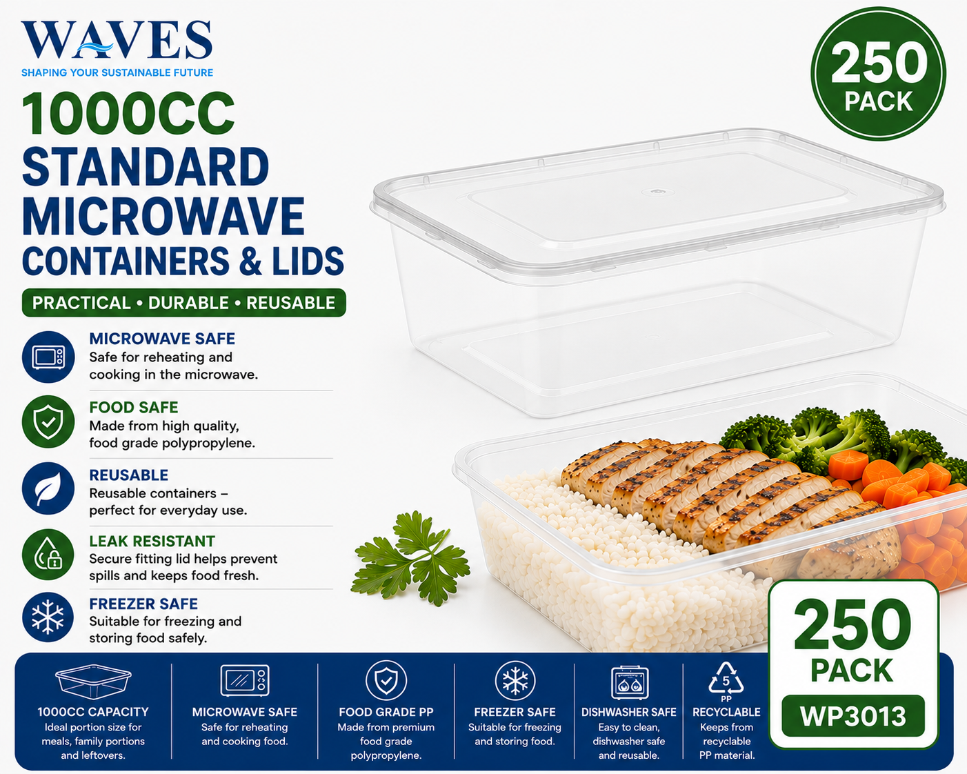 1000CC STANDARD MICROWAVE CONTAINERS & LIDS 250 PACK