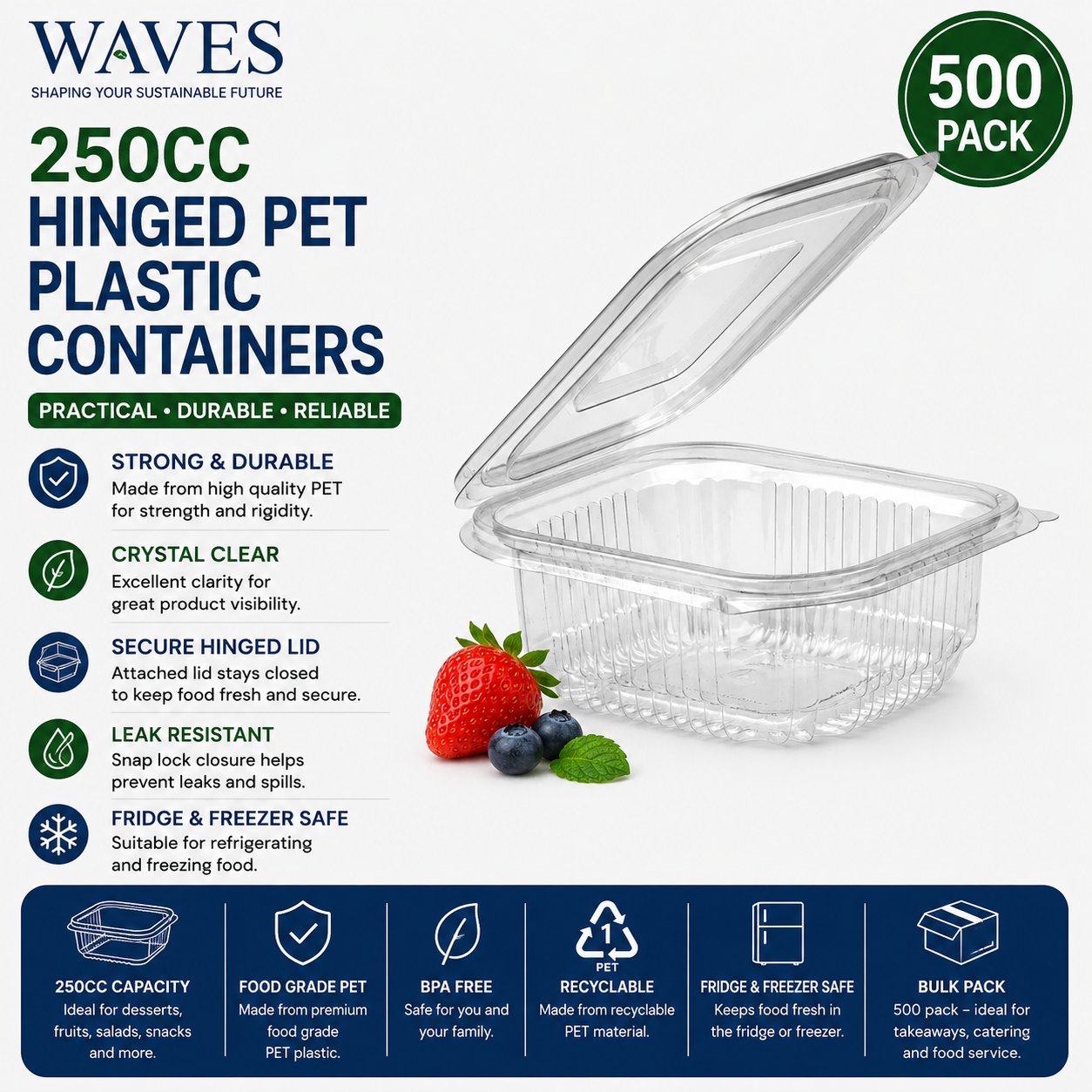 250CC HINGED PET PLASTIC CONTAINERS 500s