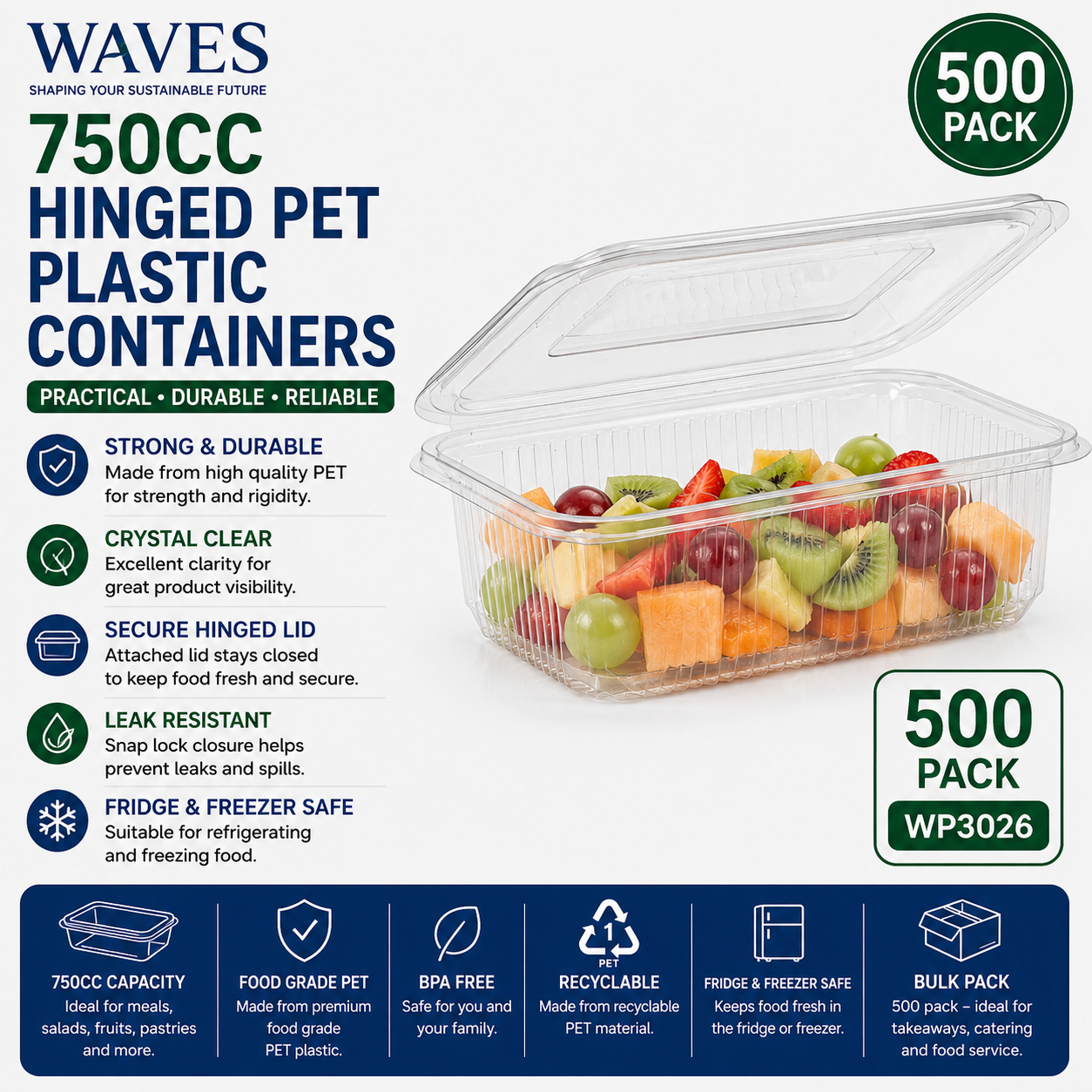 750CC HINGED PET PLASTIC CONTAINERS 500s