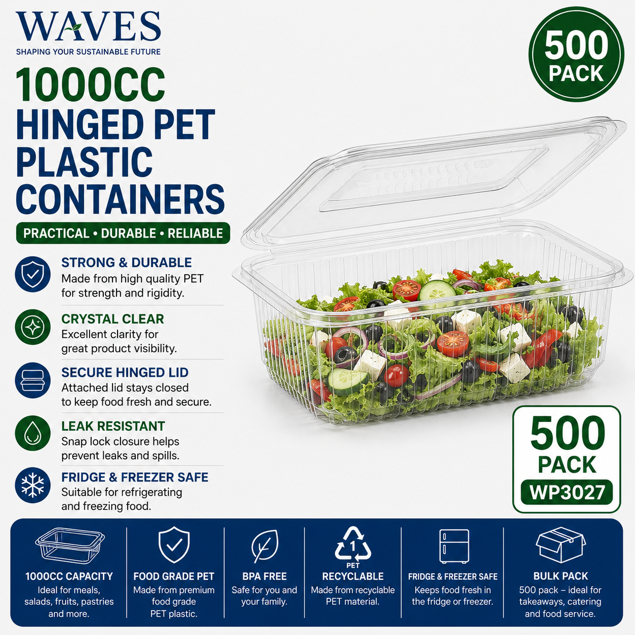 1000CC HINGED PET PLASTIC CONTAINERS 500s