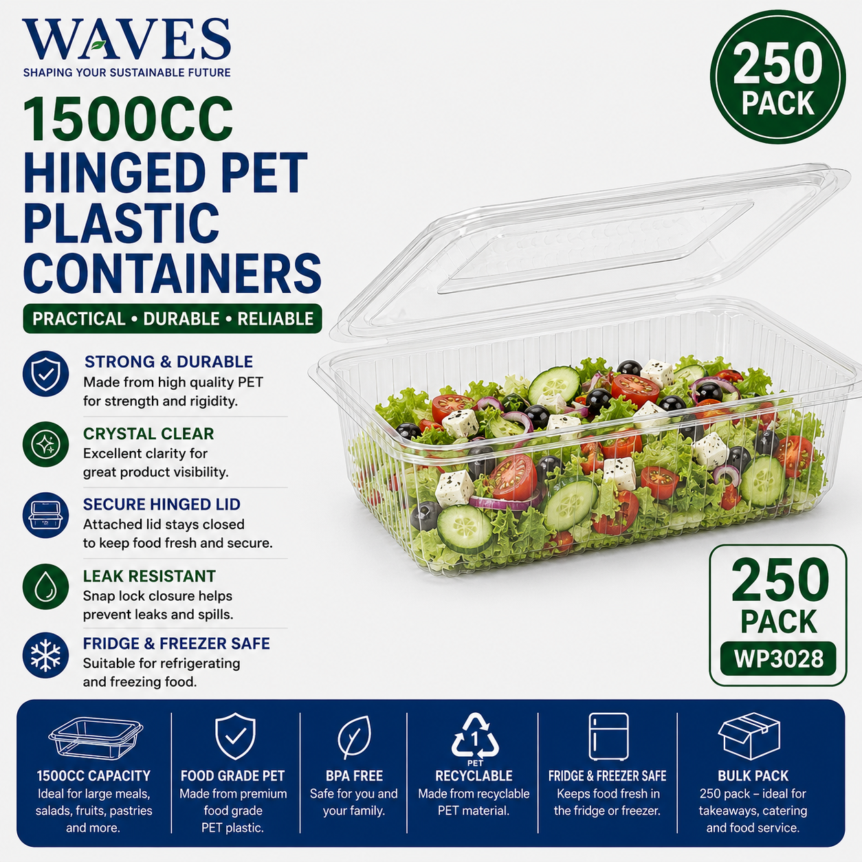 1500CC HINGED PET PLASTIC CONTAINERS 250s
