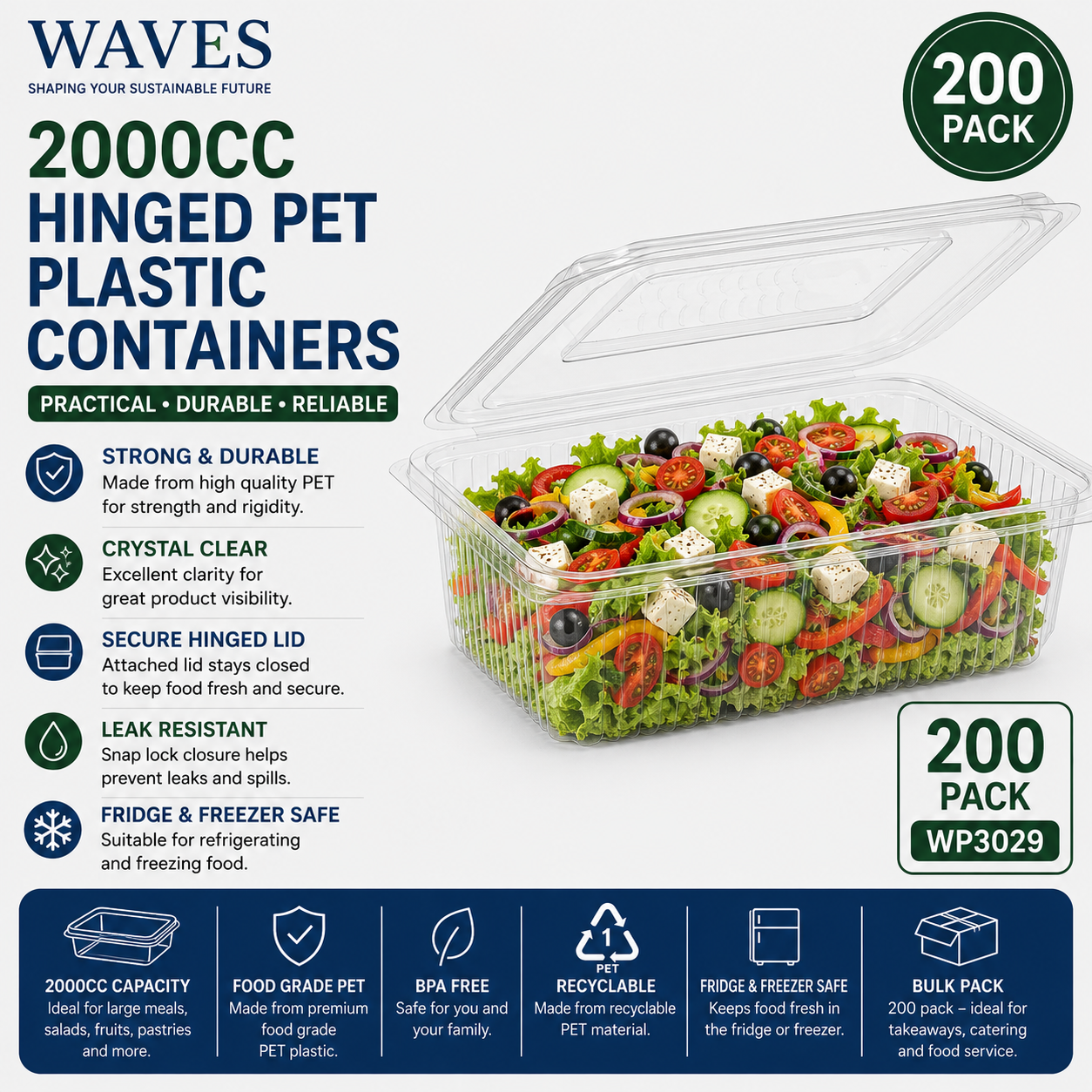2000CC HINGED PET PLASTIC CONTAINERS 200s