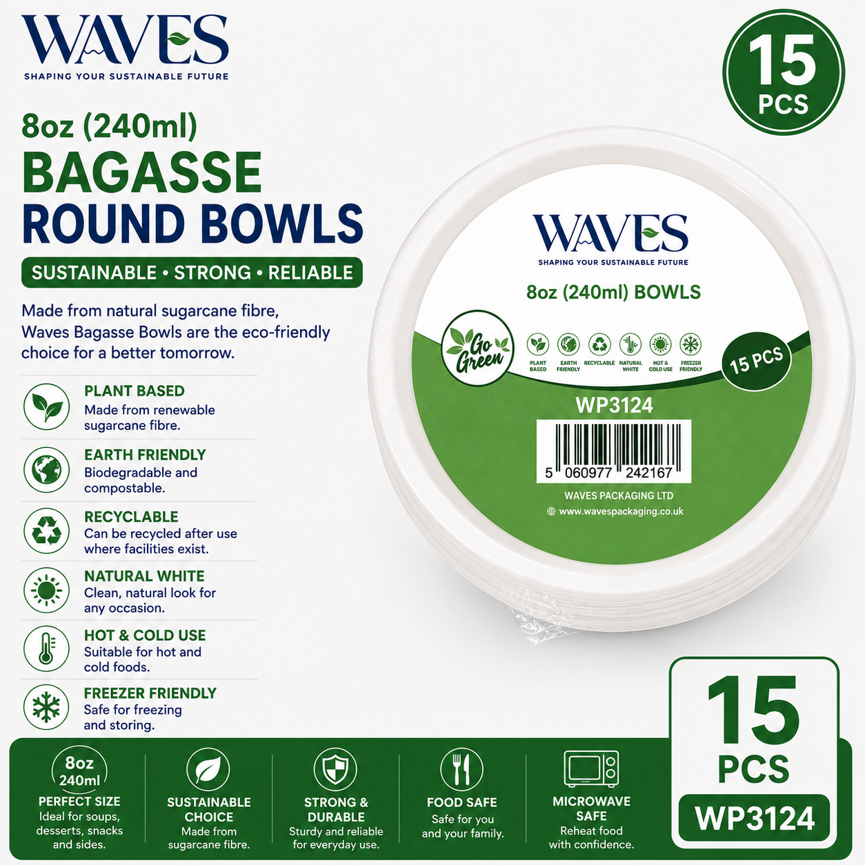 8oz BAGASSE ROUND BOWL 15 PACK