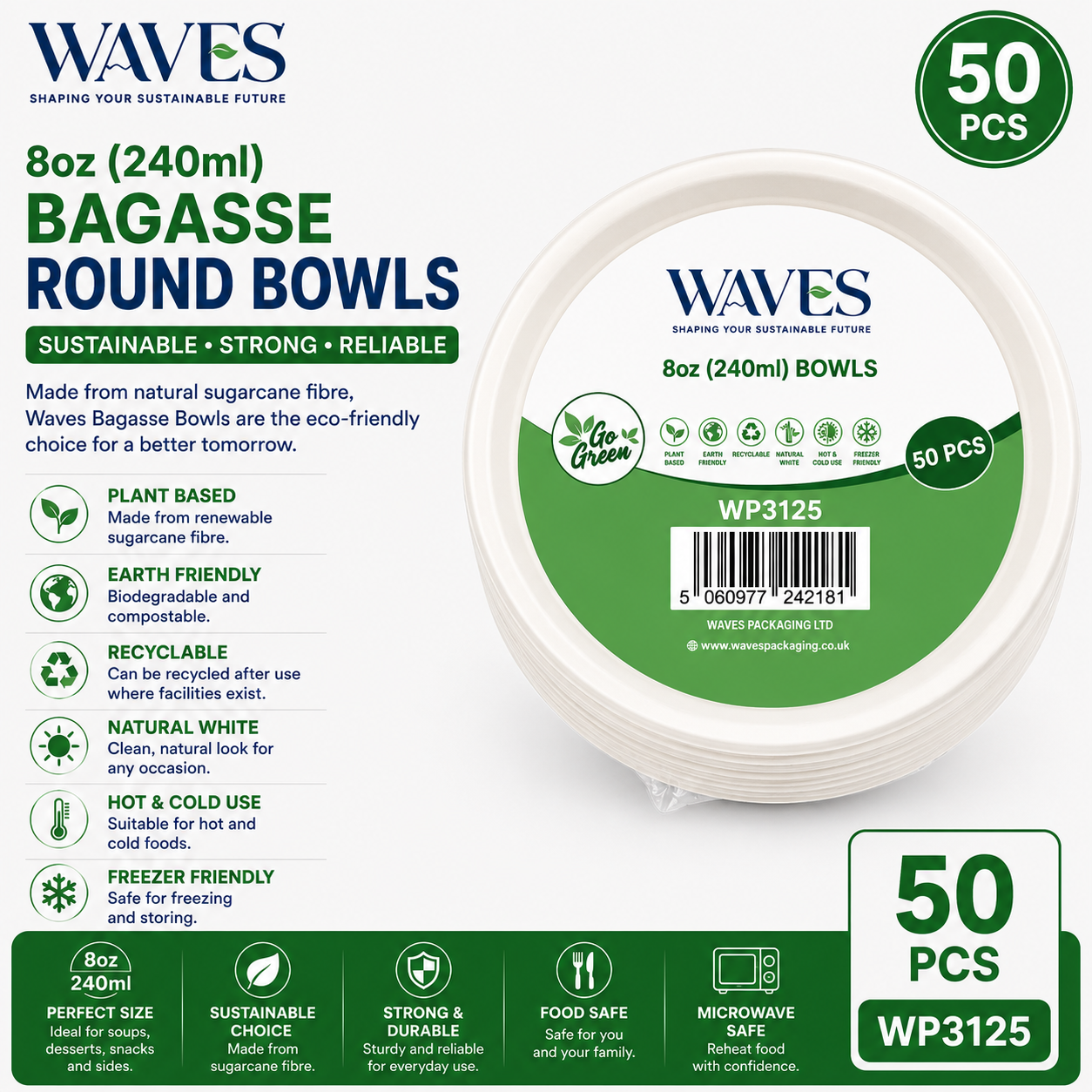 8oz BAGASSE ROUND BOWL 50 PACK