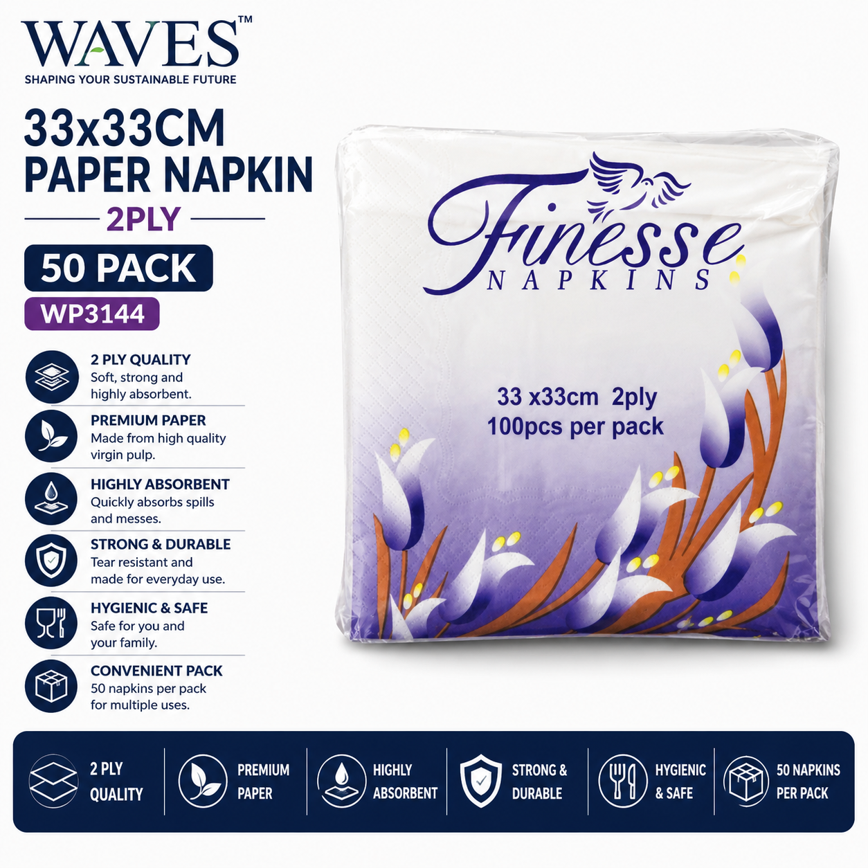 33X33CM PAPER NAPKIN 2PLY 50 PACK