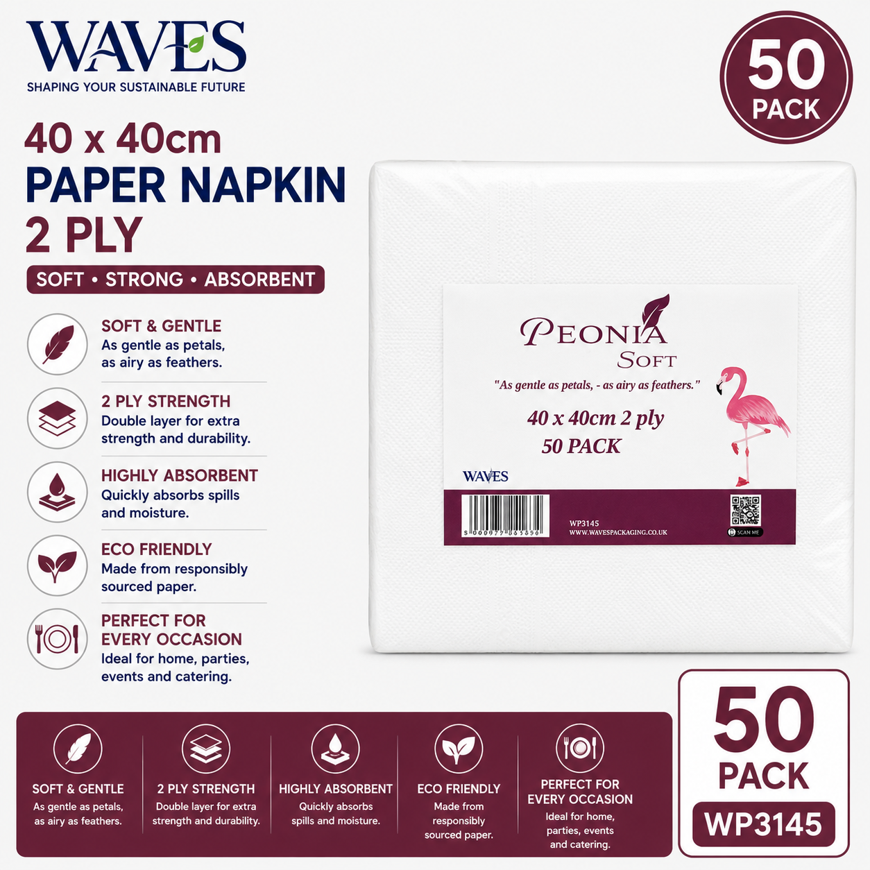 40X40CM PAPER NAPKIN 2PLY 50 PACK