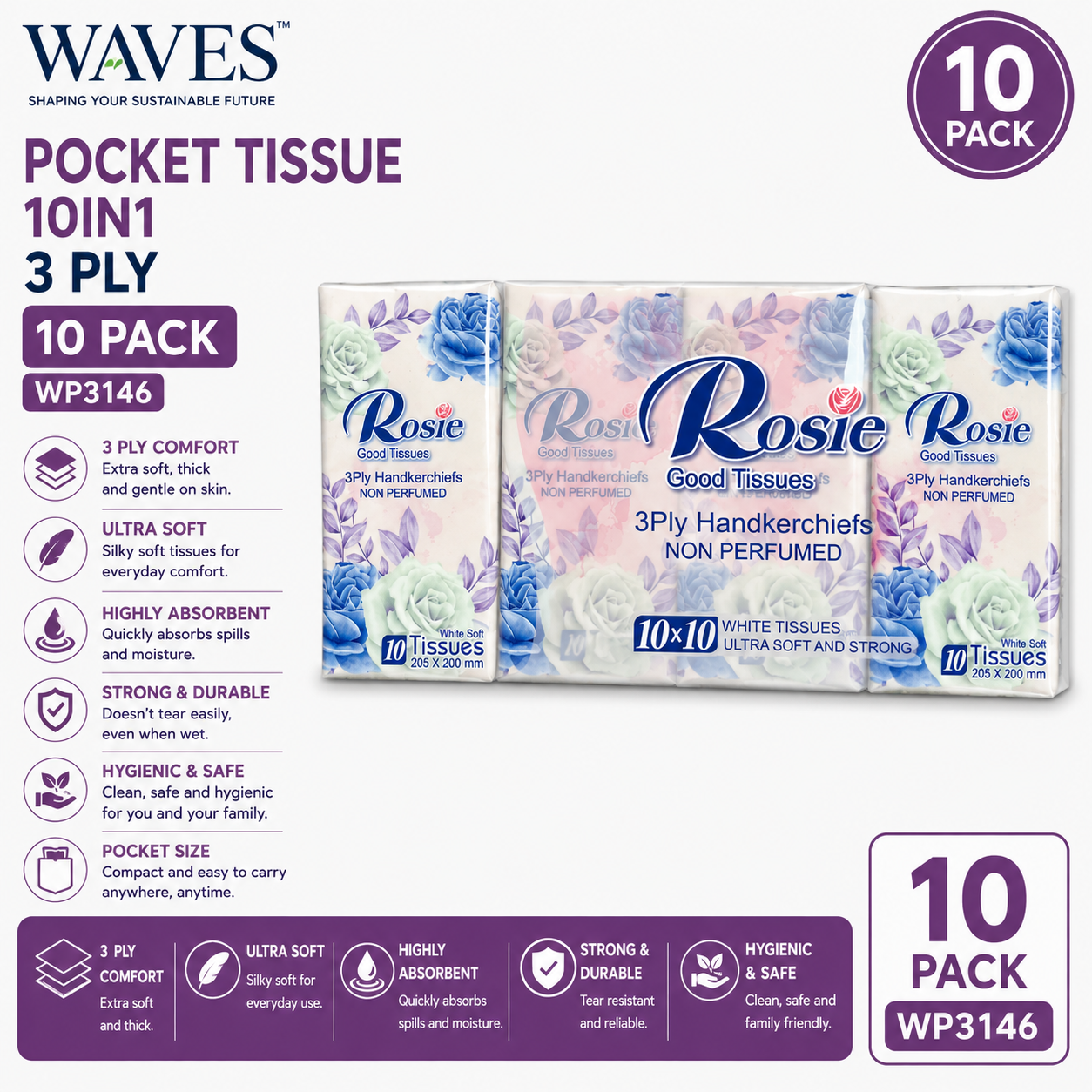 POCKET TISSUE 10IN1 3PLY 10 PACK