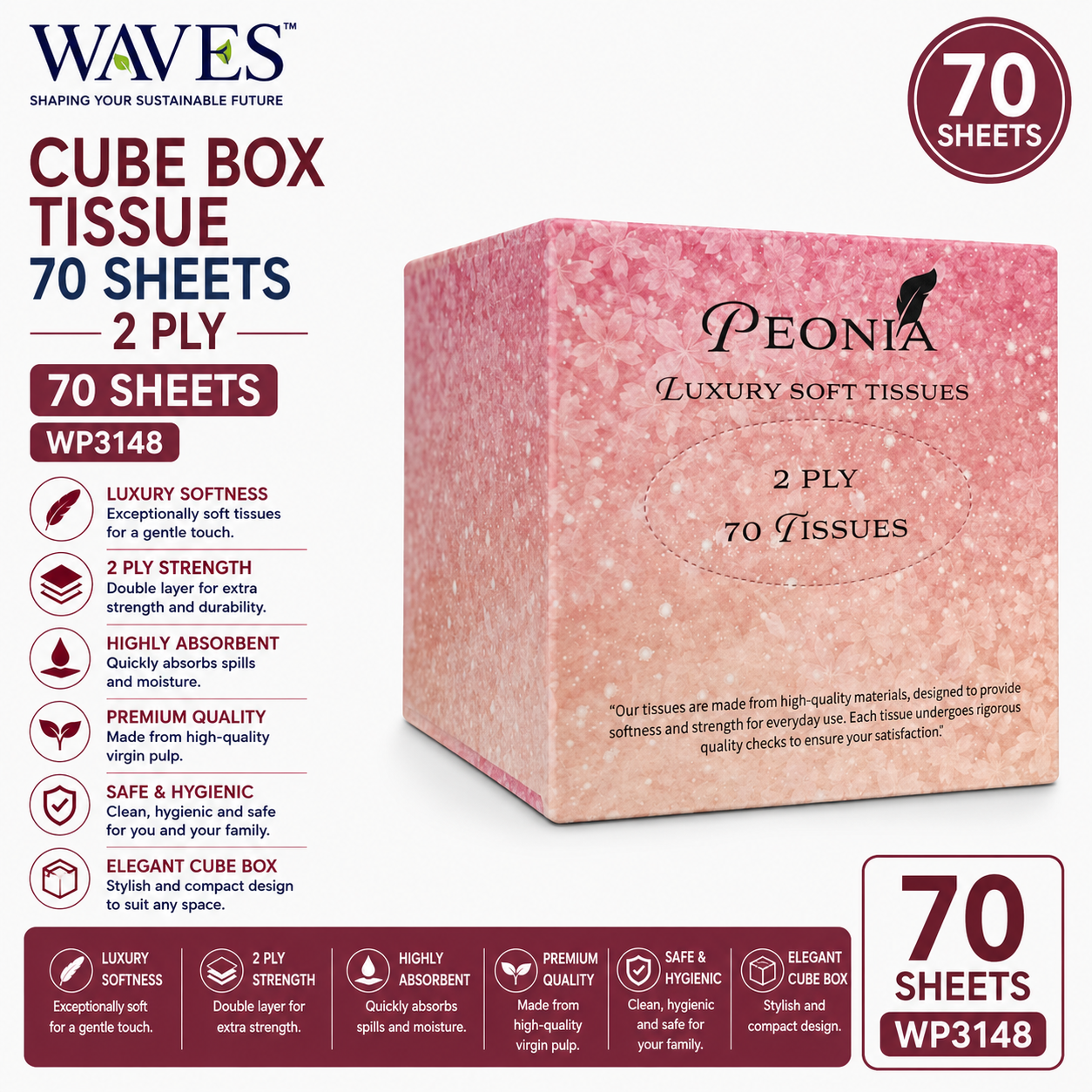 CUBE BOX TISSUE 70 SHEETS 2PLY