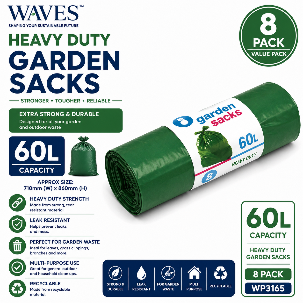 HEAVY DUTY GARDEN SACKS 60L 8 PACK