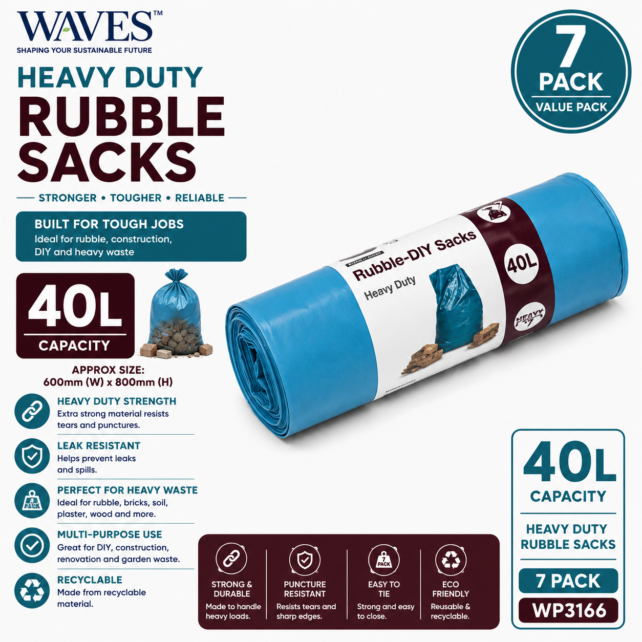 HEAVY DUTY RUBBLE SACKS 40L 7 PACK
