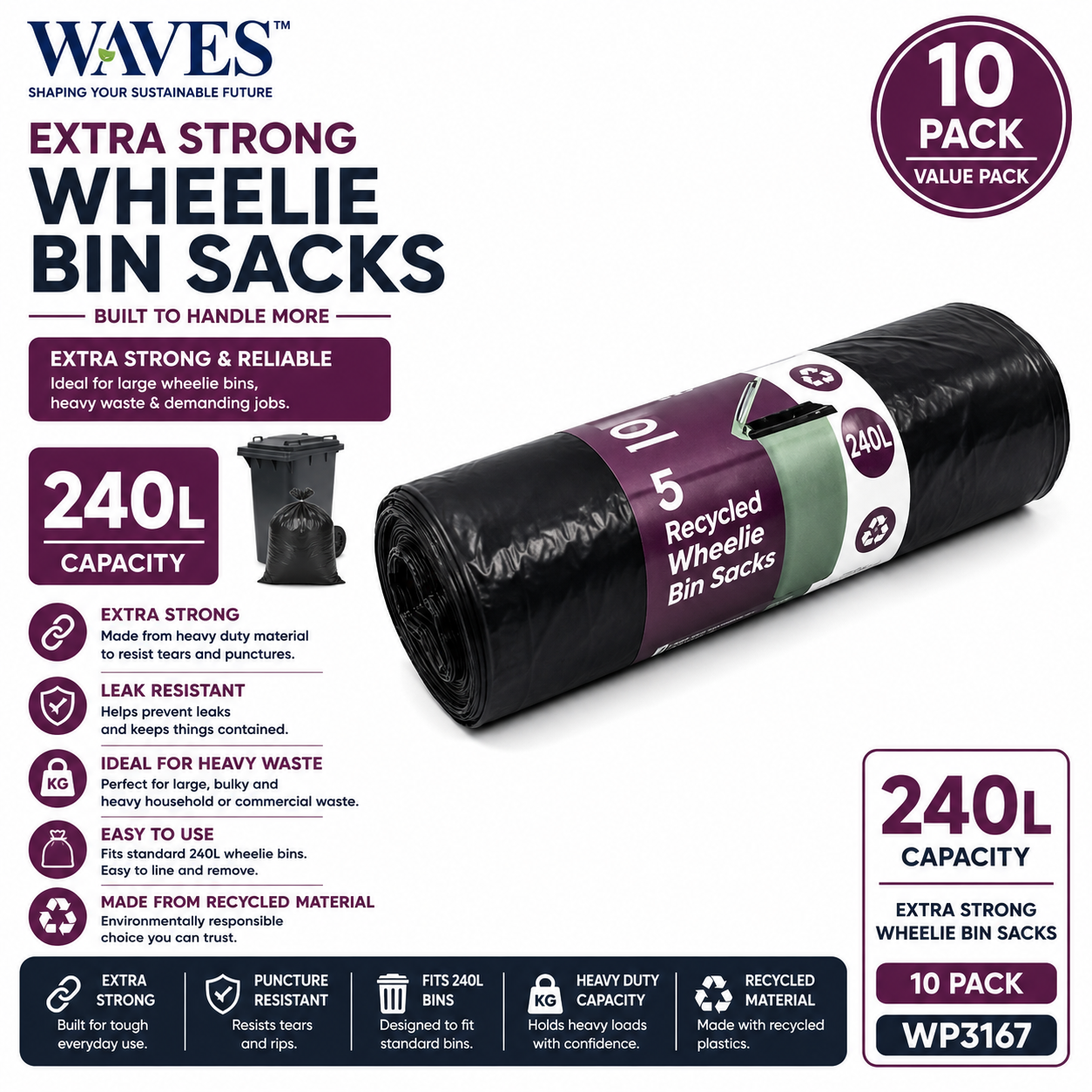 EXTRA STRONG WHEELIE BIN SACKS 240L