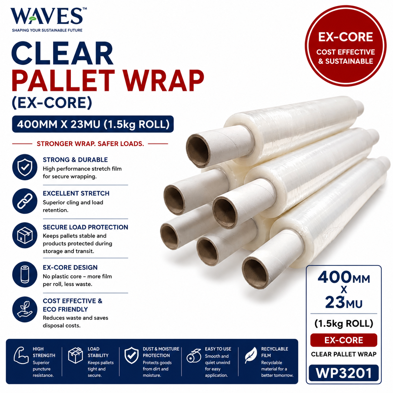 CLEAR PALLET WRAP (EX-CORE) 400MM X 23MU (1.5kg Roll)