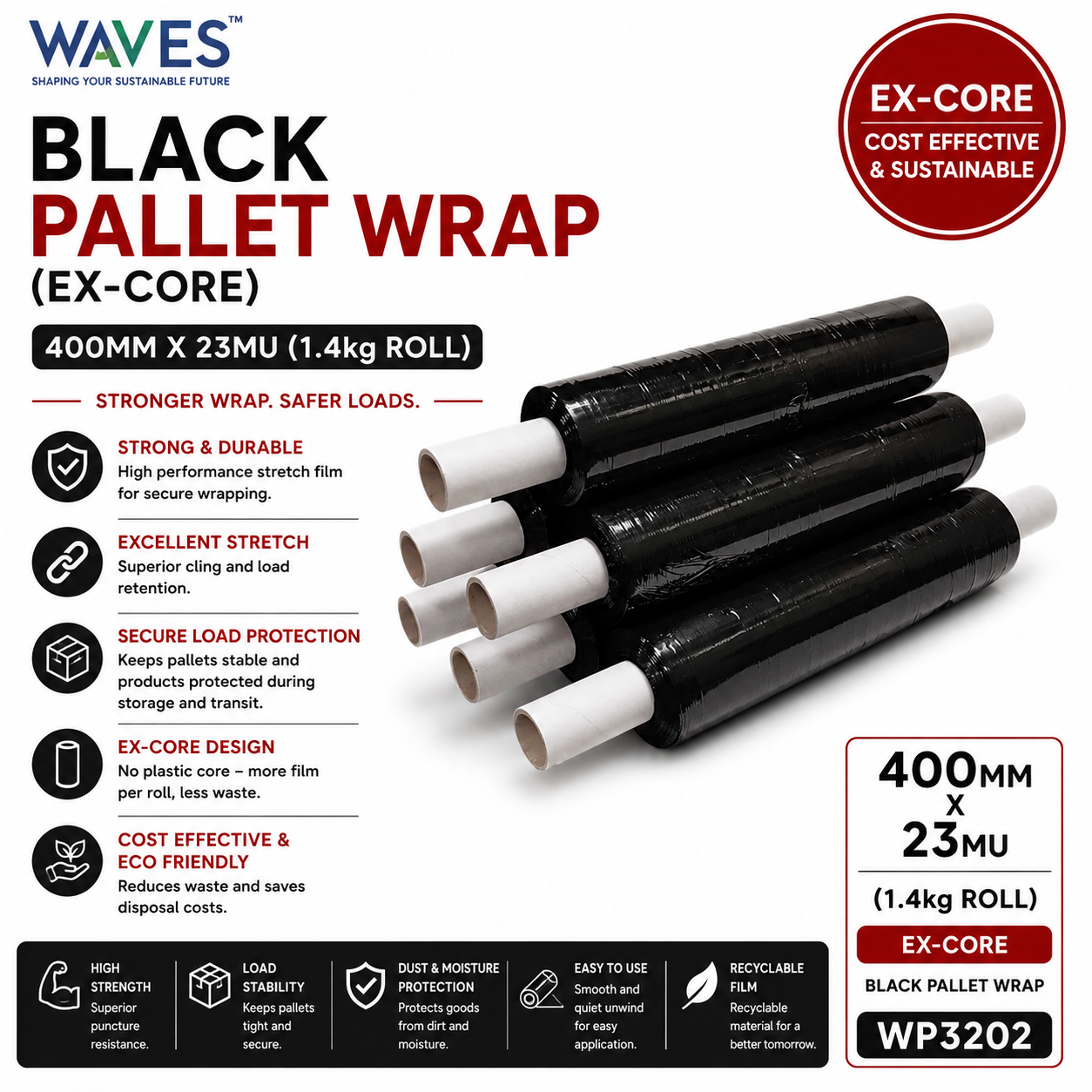 BLACK PALLET WRAP (EX-CORE) 400MM X 23MU (1.4kg Roll)