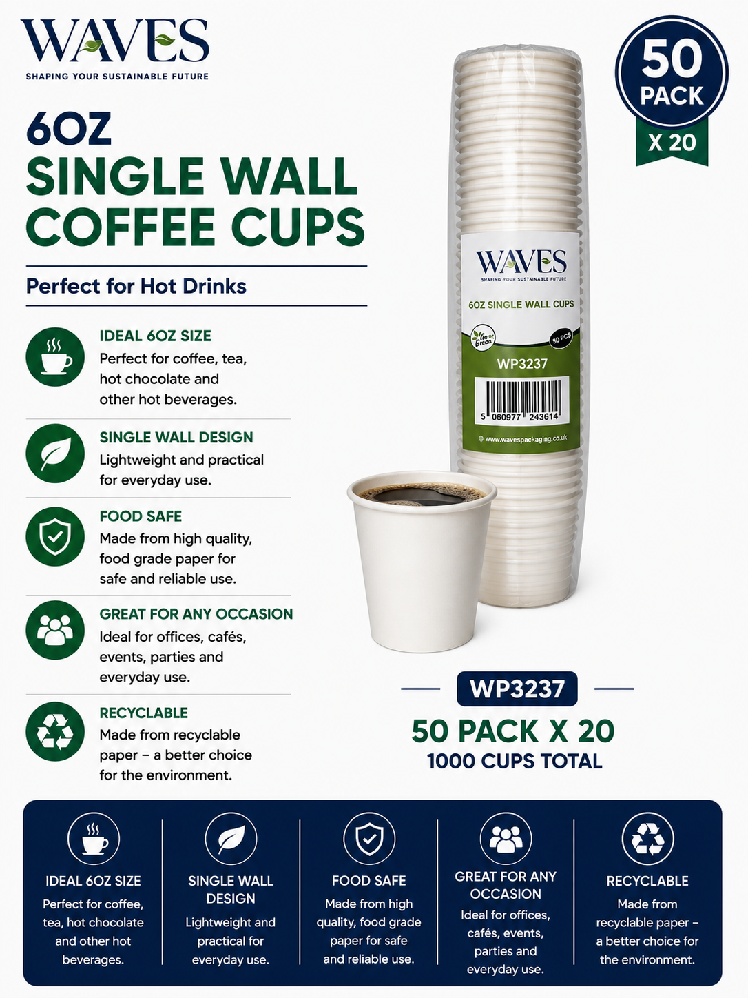 6OZ SINGLE WALL COFFEE CUPS 50 PACK X 20