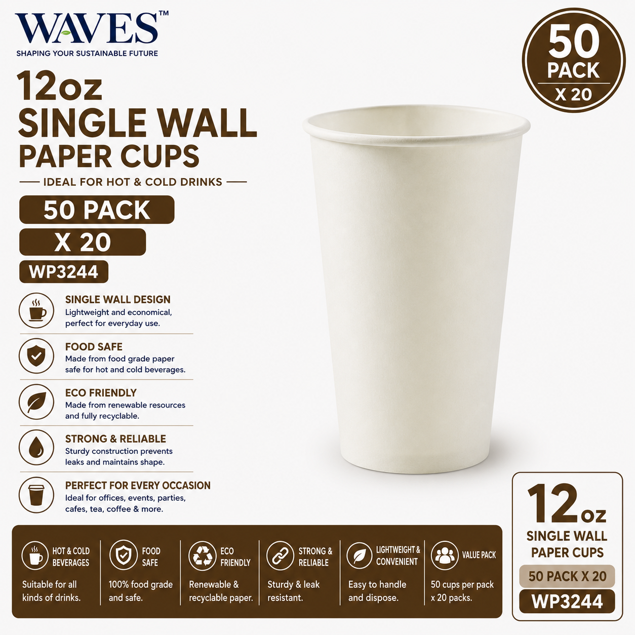 12oz SINGLE WALL PAPER CUPS 50 PACK X 20