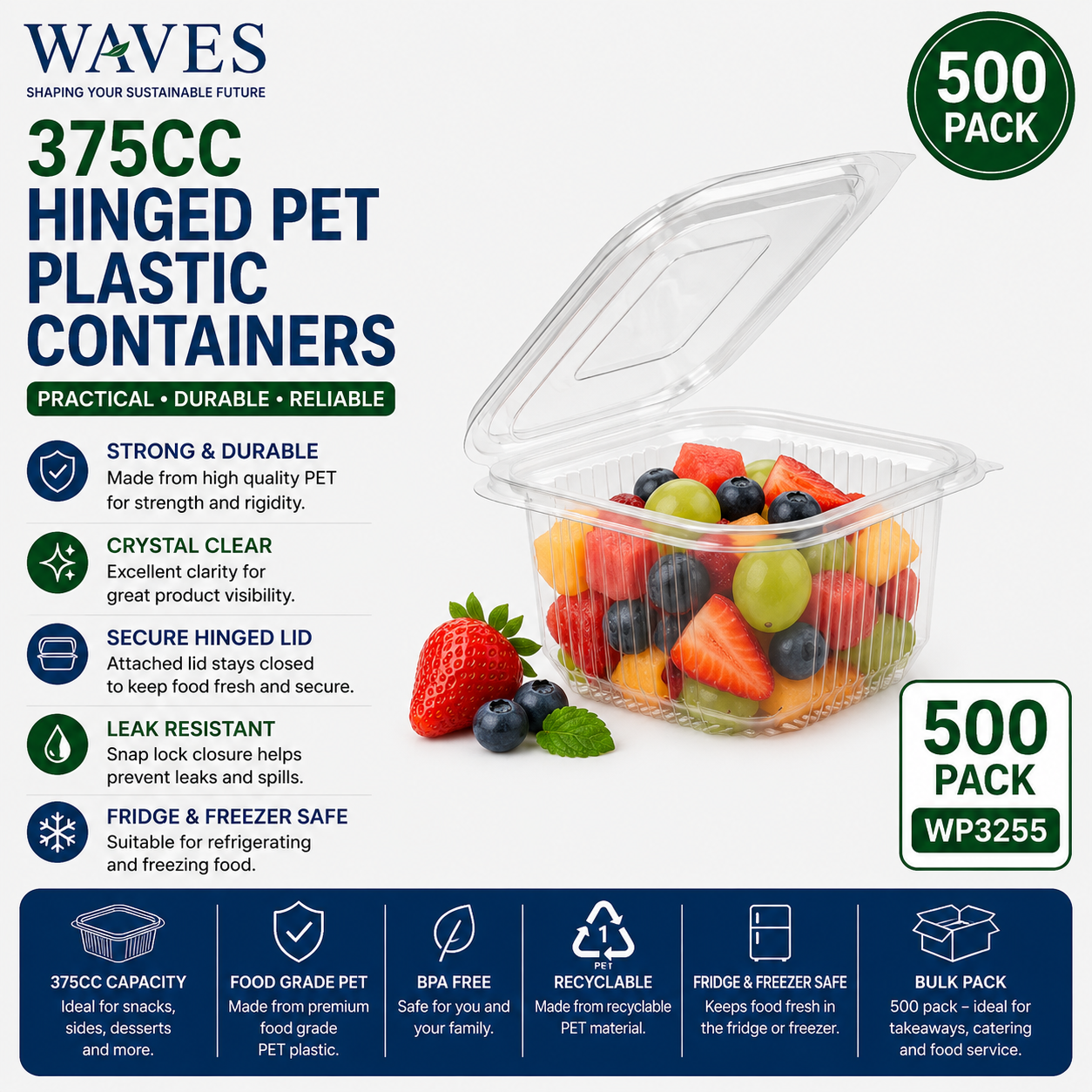 375CC HINGED PET PLASTIC CONTAINERS 500s
