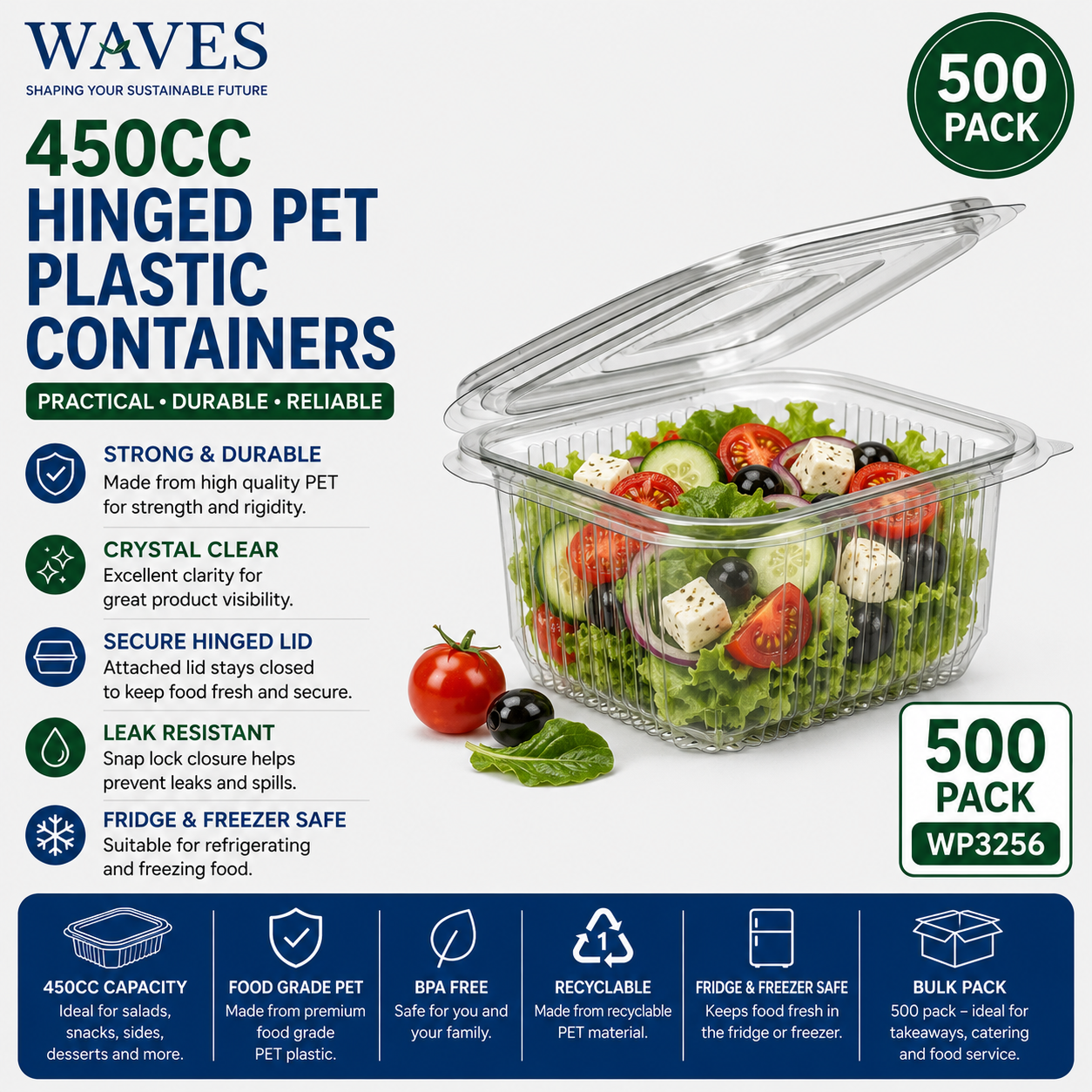 450CC HINGED PET PLASTIC CONTAINERS 500s