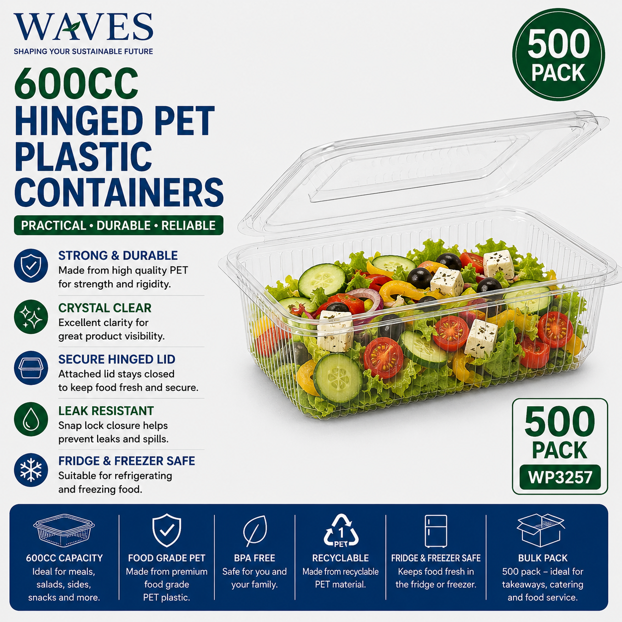 600CC HINGED PET PLASTIC CONTAINERS 500s
